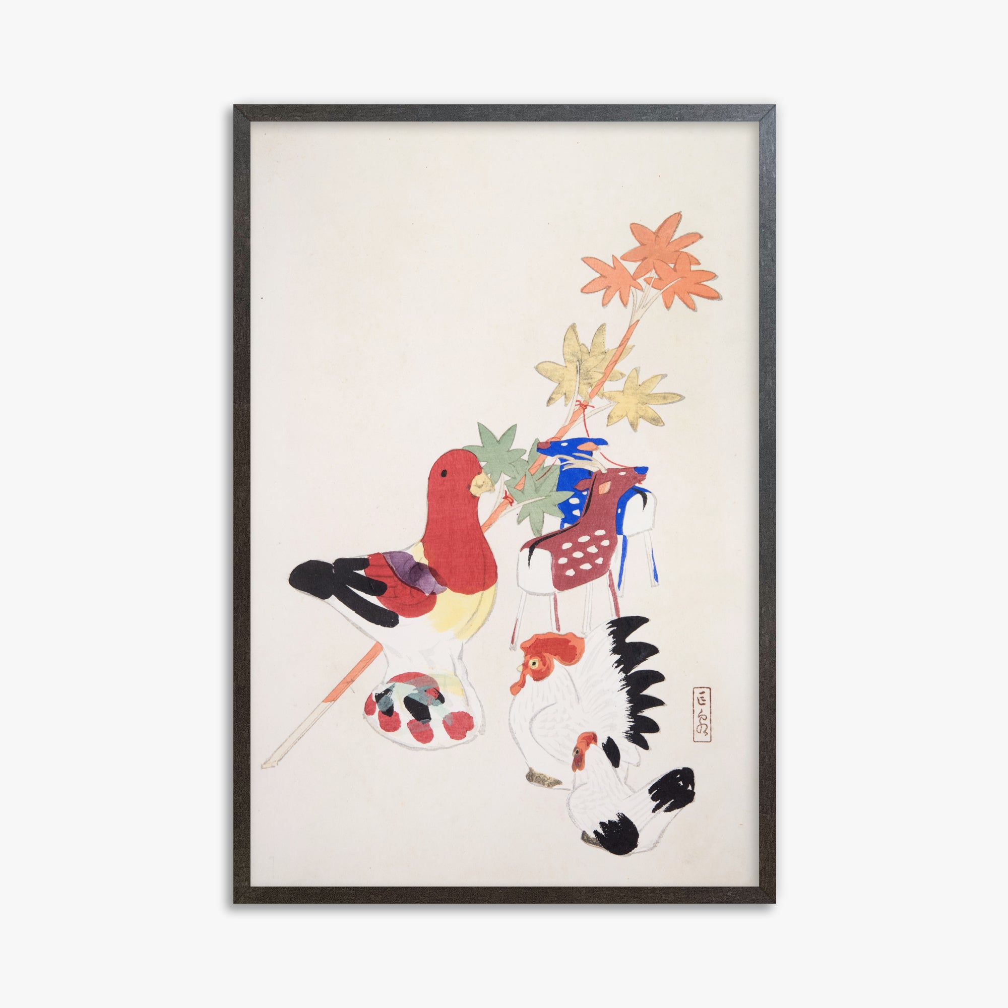 Kawasaki Kyosen: Kyosen’s Collected Illustrations of Japanese Toys Nr. 45 ("Farmyard Harmony"), 61x91cm Framed Art Reproduction With Espresso Frame
