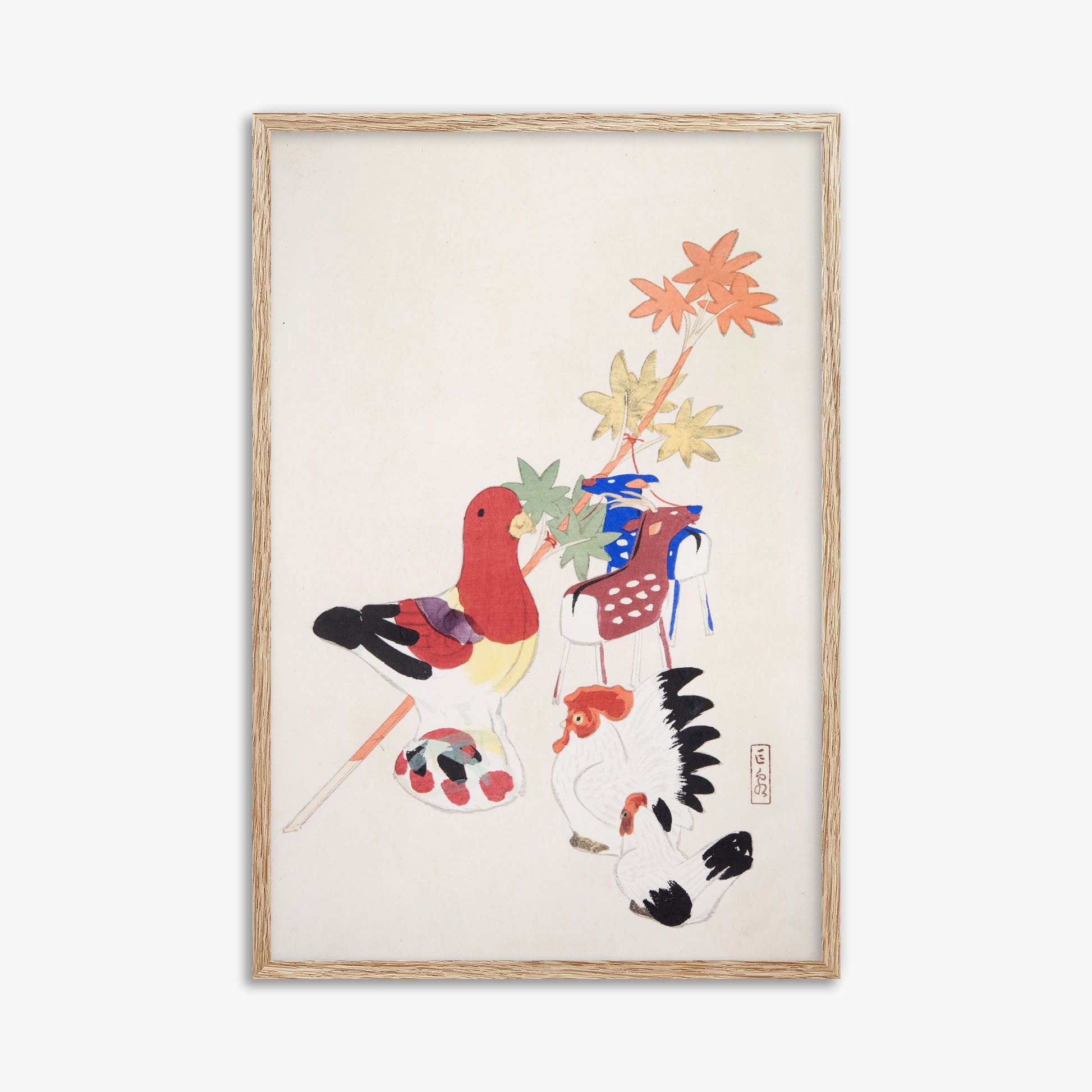 Kawasaki Kyosen: Kyosen’s Collected Illustrations of Japanese Toys Nr. 45 ("Farmyard Harmony"), 61x91cm Framed Art Reproduction With Raw Oak Frame