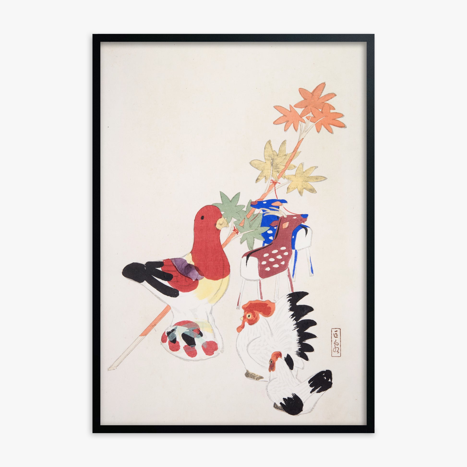 Kawasaki Kyosen: Kyosen’s Collected Illustrations of Japanese Toys Nr. 45 ("Farmyard Harmony"), Black Framed Art Reproduction With Black Frame