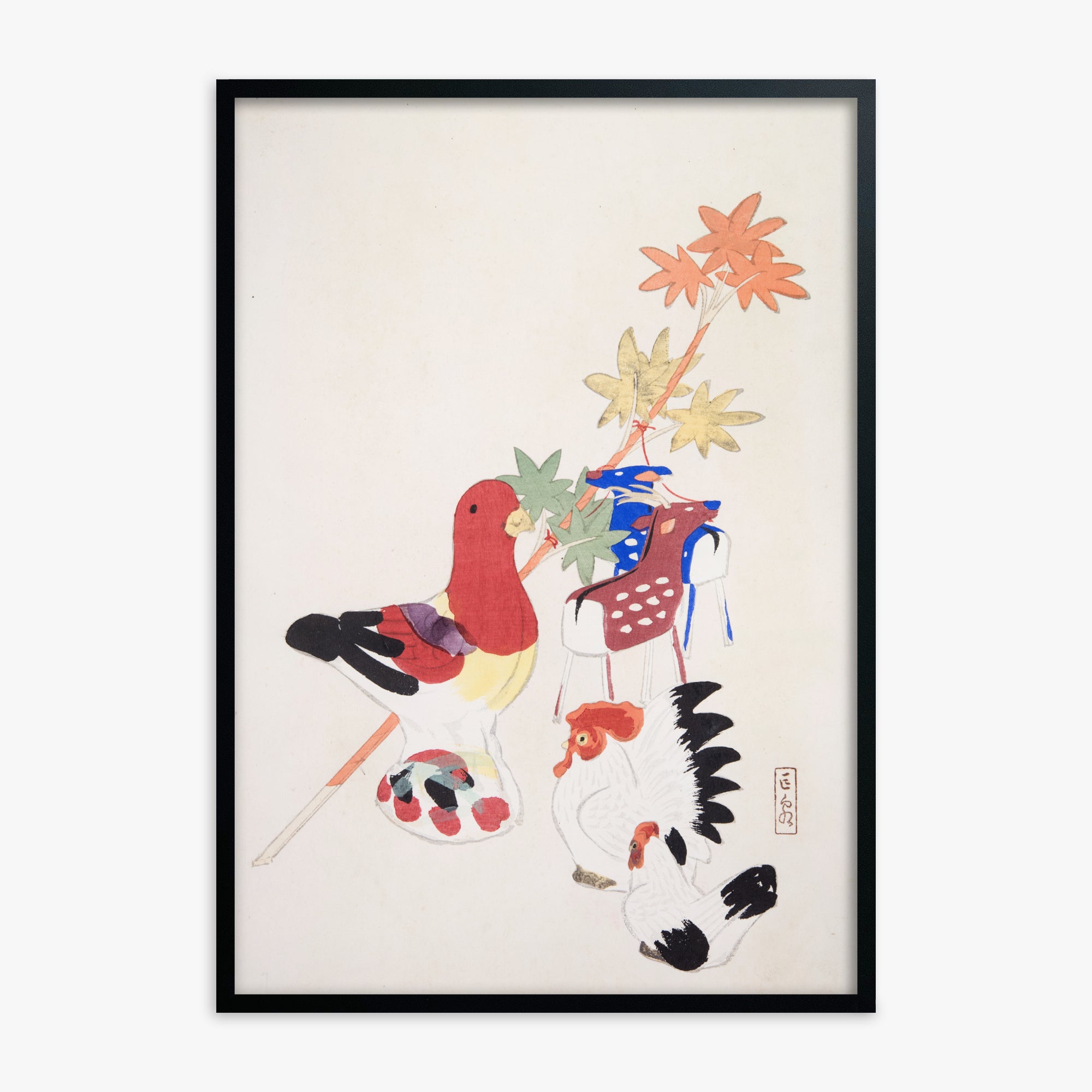 Kawasaki Kyosen: Kyosen’s Collected Illustrations of Japanese Toys Nr. 45 ("Farmyard Harmony"), Black Framed Art Reproduction With Black Frame