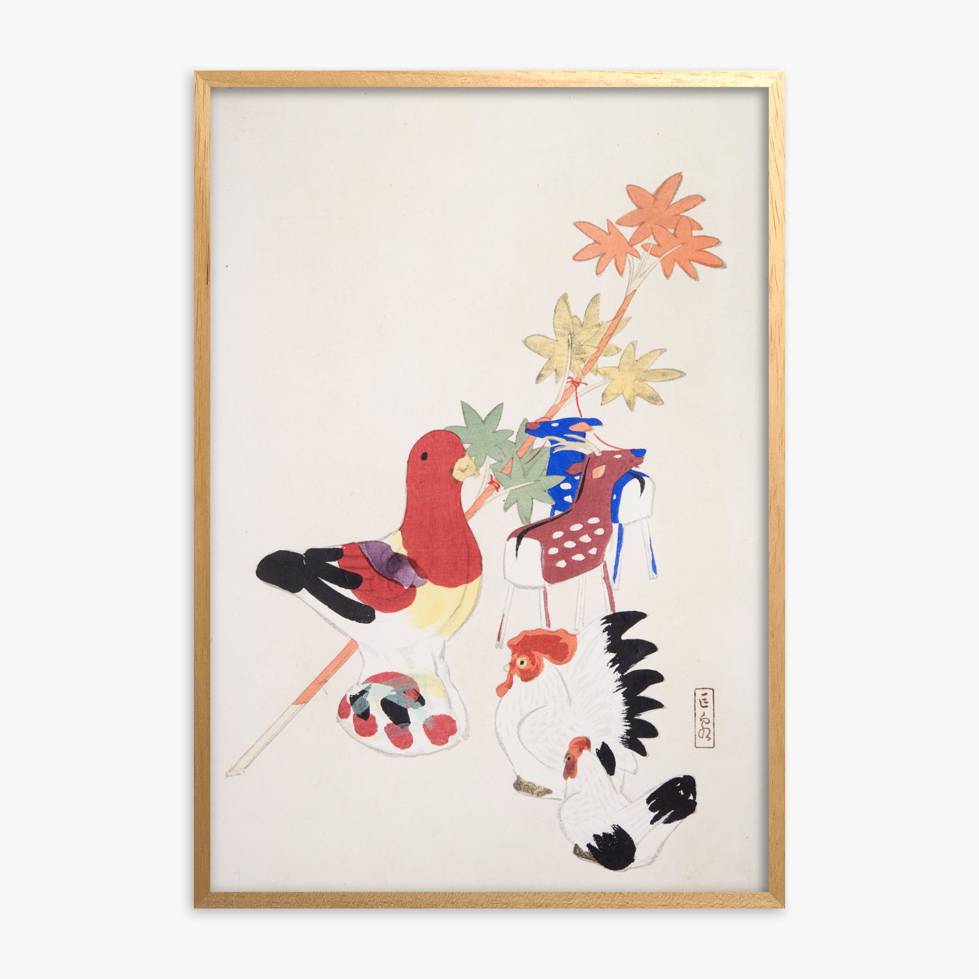 Kawasaki Kyosen: Kyosen’s Collected Illustrations of Japanese Toys Nr. 45 ("Farmyard Harmony"), Oak Framed Art Reproduction With Oak Frame