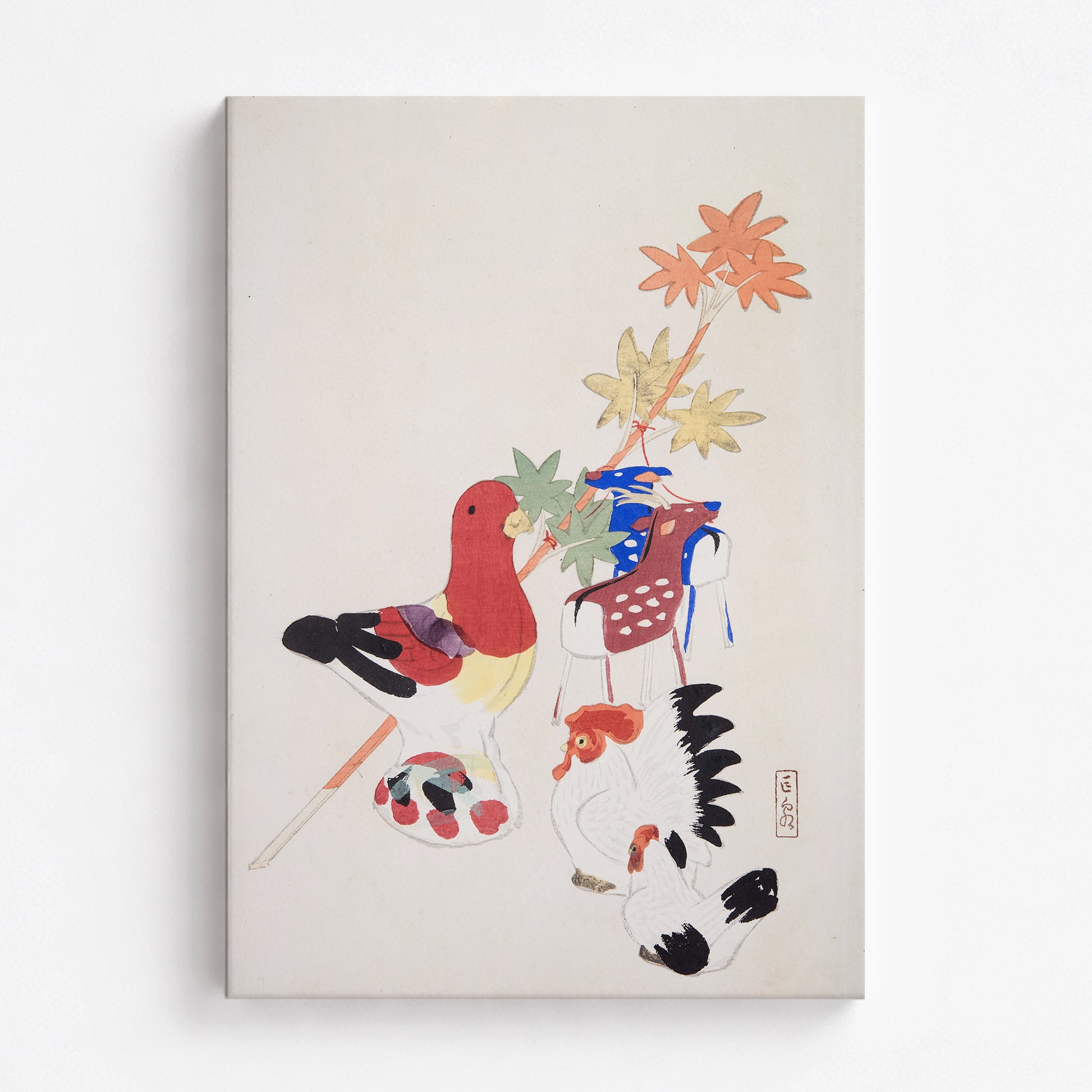 Kawasaki Kyosen: Kyosen’s Collected Illustrations of Japanese Toys Nr. 45 ("Farmyard Harmony"), 70x100cm Satin Canvas Art Reproduction