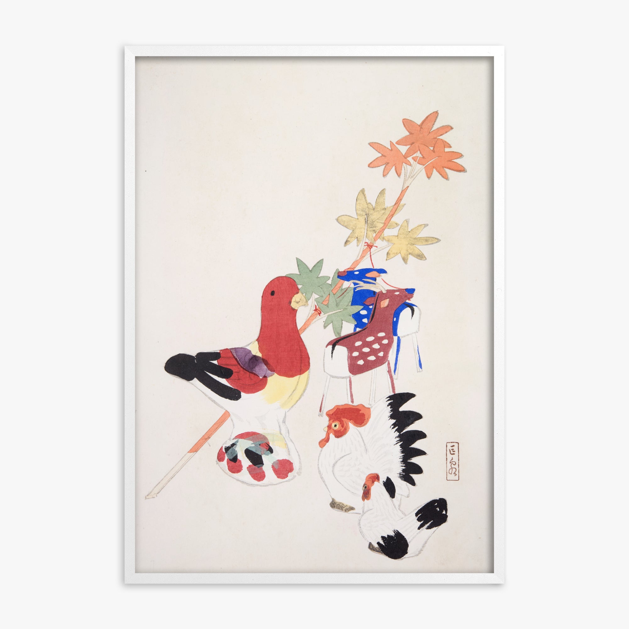 Kawasaki Kyosen: Kyosen’s Collected Illustrations of Japanese Toys Nr. 45 ("Farmyard Harmony"), White Framed Art Reproduction With White Frame