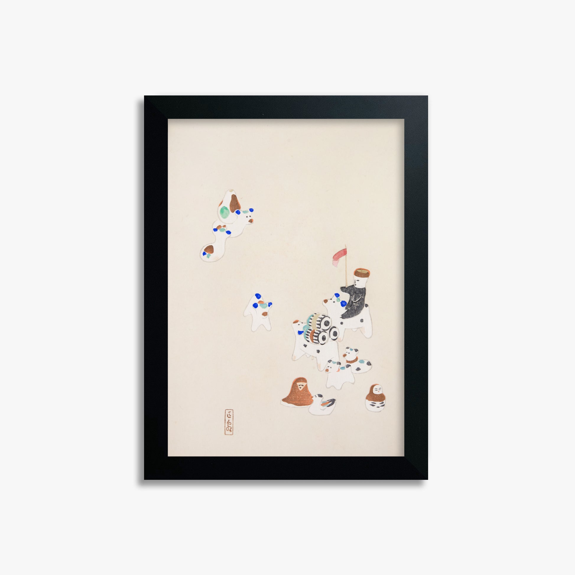 Kawasaki Kyosen: Kyosen’s Collected Illustrations of Japanese Toys Nr. 46 ("Whimsical Parade"), 21x30cm Framed Art Reproduction With Black Frame
