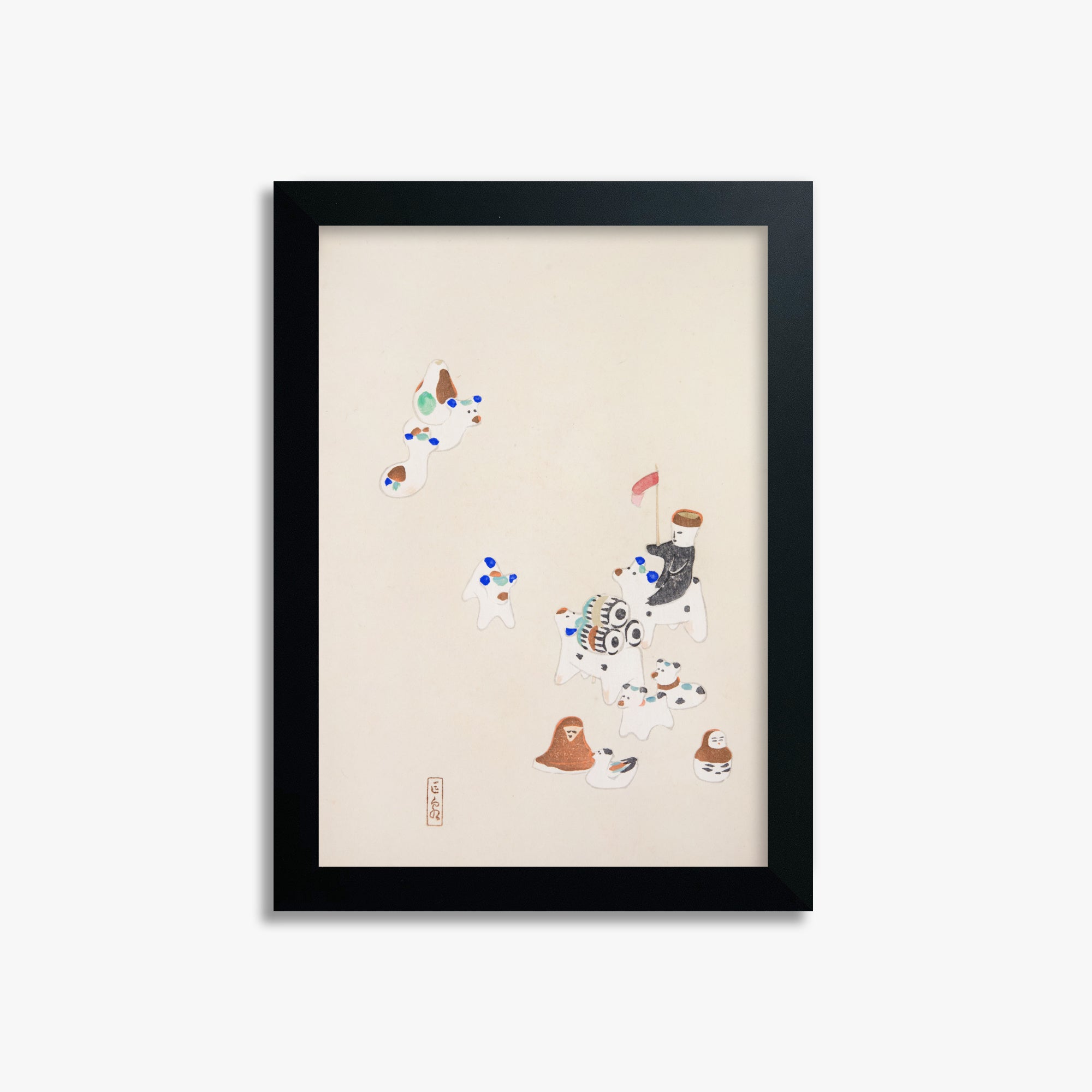 Kawasaki Kyosen: Kyosen’s Collected Illustrations of Japanese Toys Nr. 46 ("Whimsical Parade"), 21x30cm Framed Art Reproduction With Black Frame
