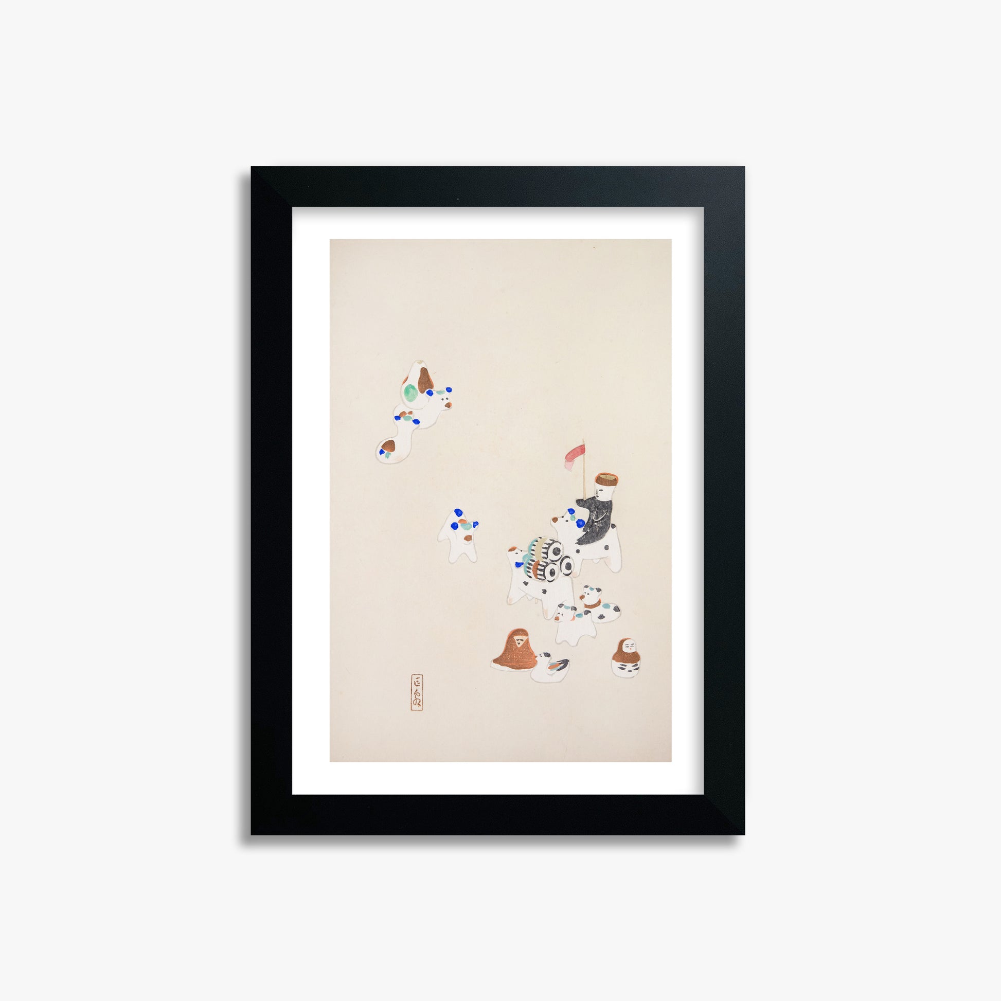 Kawasaki Kyosen: Kyosen’s Collected Illustrations of Japanese Toys Nr. 46 ("Whimsical Parade"), 21x30cm Framed Art Reproduction With Black Frame