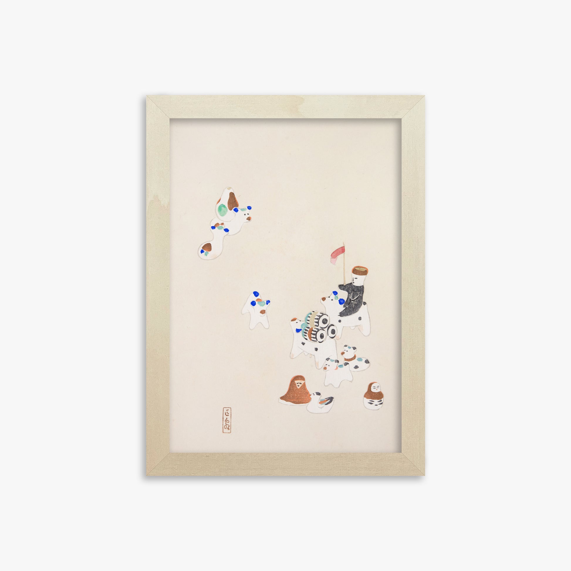 Kawasaki Kyosen: Kyosen’s Collected Illustrations of Japanese Toys Nr. 46 ("Whimsical Parade"), 21x30cm Framed Art Reproduction With Lime Wood Frame