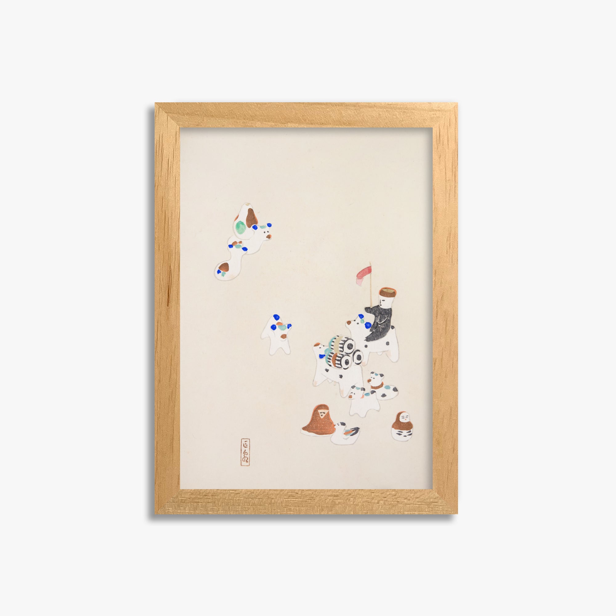 Kawasaki Kyosen: Kyosen’s Collected Illustrations of Japanese Toys Nr. 46 ("Whimsical Parade"), 21x30cm Framed Art Reproduction With Oak Frame