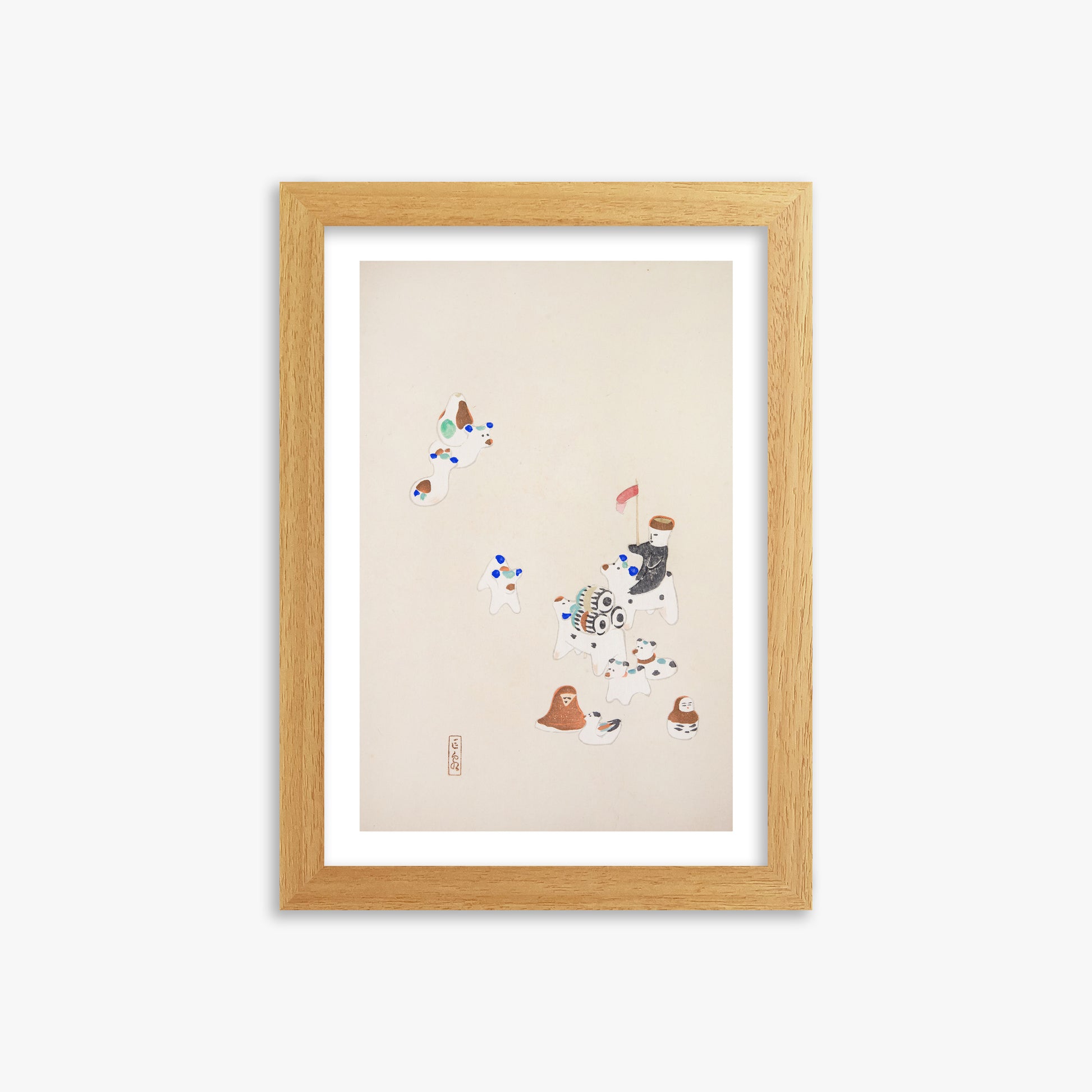 Kawasaki Kyosen: Kyosen’s Collected Illustrations of Japanese Toys Nr. 46 ("Whimsical Parade"), 21x30cm Framed Art Reproduction With Oak Frame