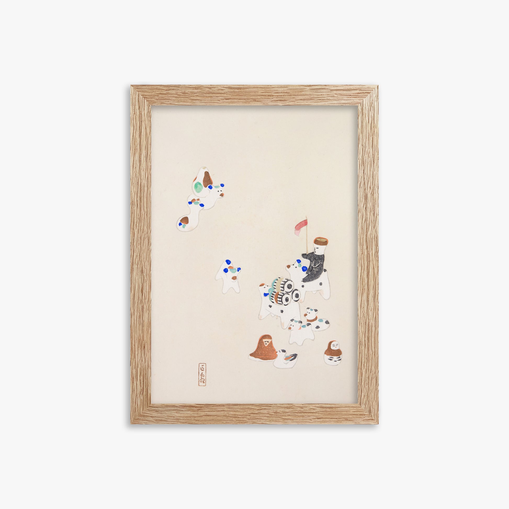 Kawasaki Kyosen: Kyosen’s Collected Illustrations of Japanese Toys Nr. 46 ("Whimsical Parade"), 21x30cm Framed Art Reproduction With Raw Oak Frame