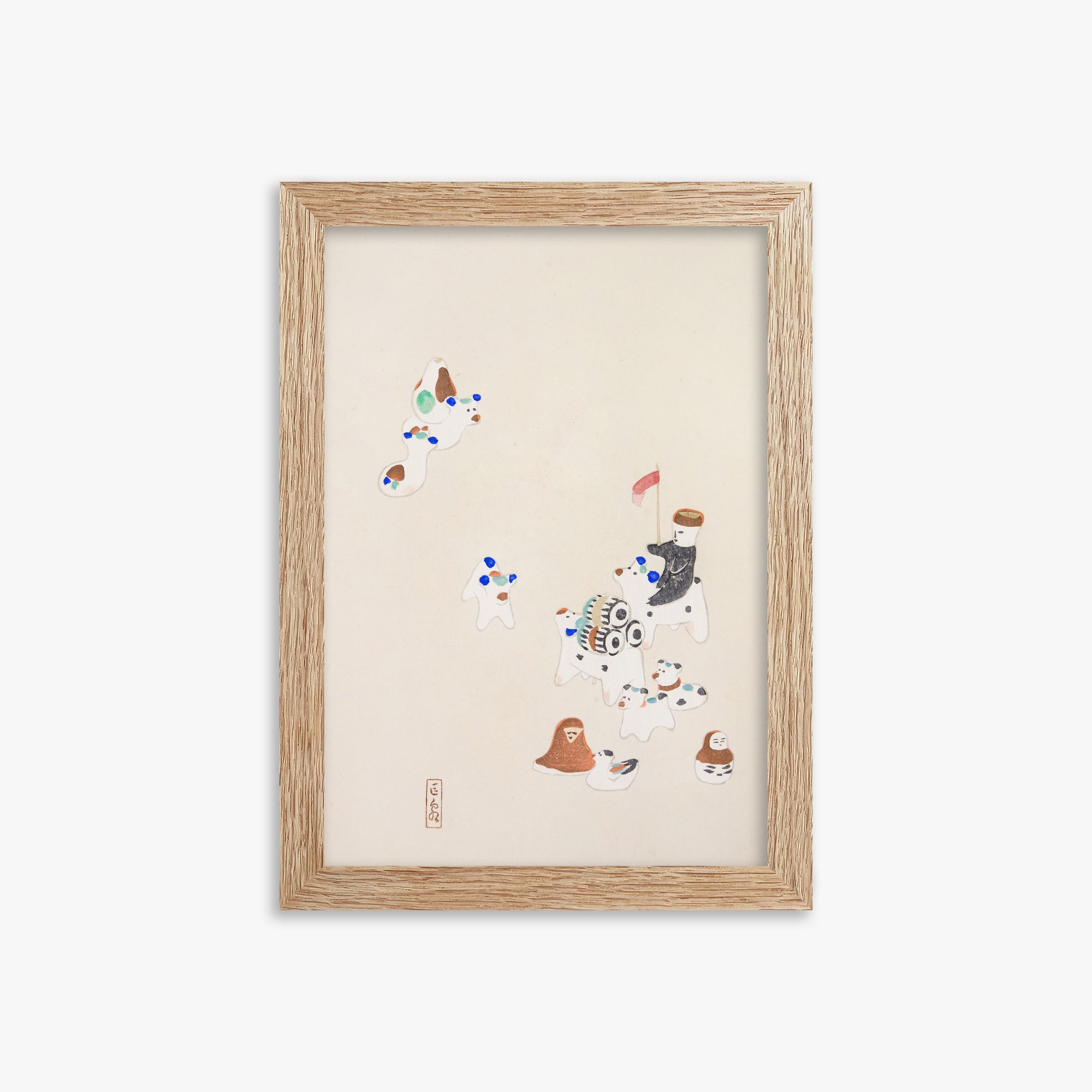 Kawasaki Kyosen: Kyosen’s Collected Illustrations of Japanese Toys Nr. 46 ("Whimsical Parade"), 21x30cm Framed Art Reproduction With Raw Oak Frame