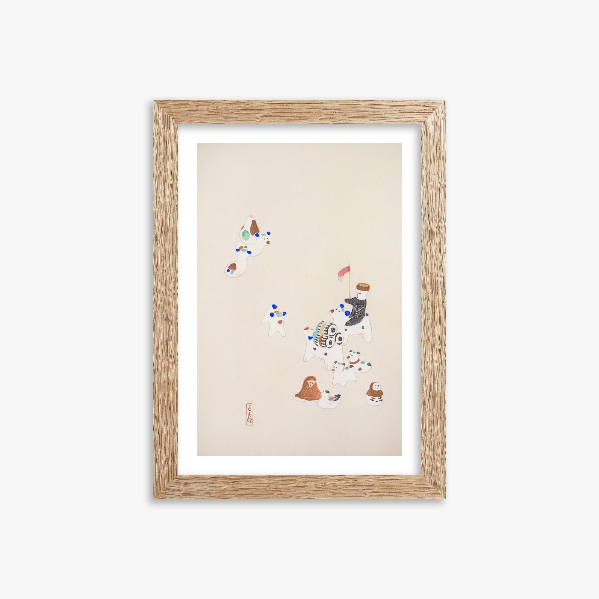 Kawasaki Kyosen: Kyosen’s Collected Illustrations of Japanese Toys Nr. 46 ("Whimsical Parade"), 21x30cm Framed Art Reproduction With Raw Oak Frame