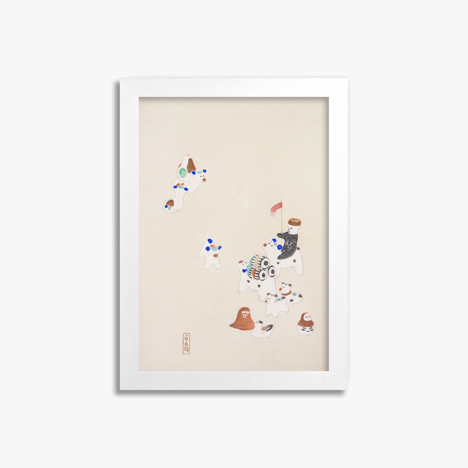 Kawasaki Kyosen: Kyosen’s Collected Illustrations of Japanese Toys Nr. 46 ("Whimsical Parade"), 21x30cm Framed Art Reproduction With White Frame