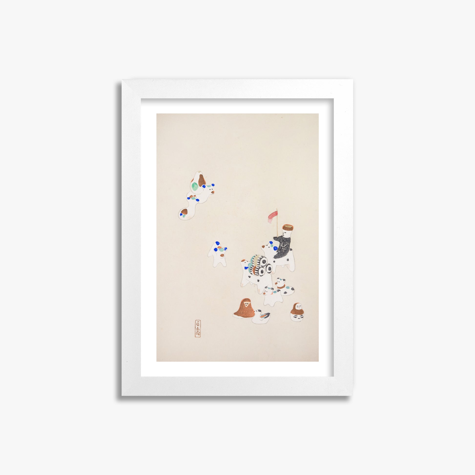 Kawasaki Kyosen: Kyosen’s Collected Illustrations of Japanese Toys Nr. 46 ("Whimsical Parade"), 21x30cm Framed Art Reproduction With White Frame