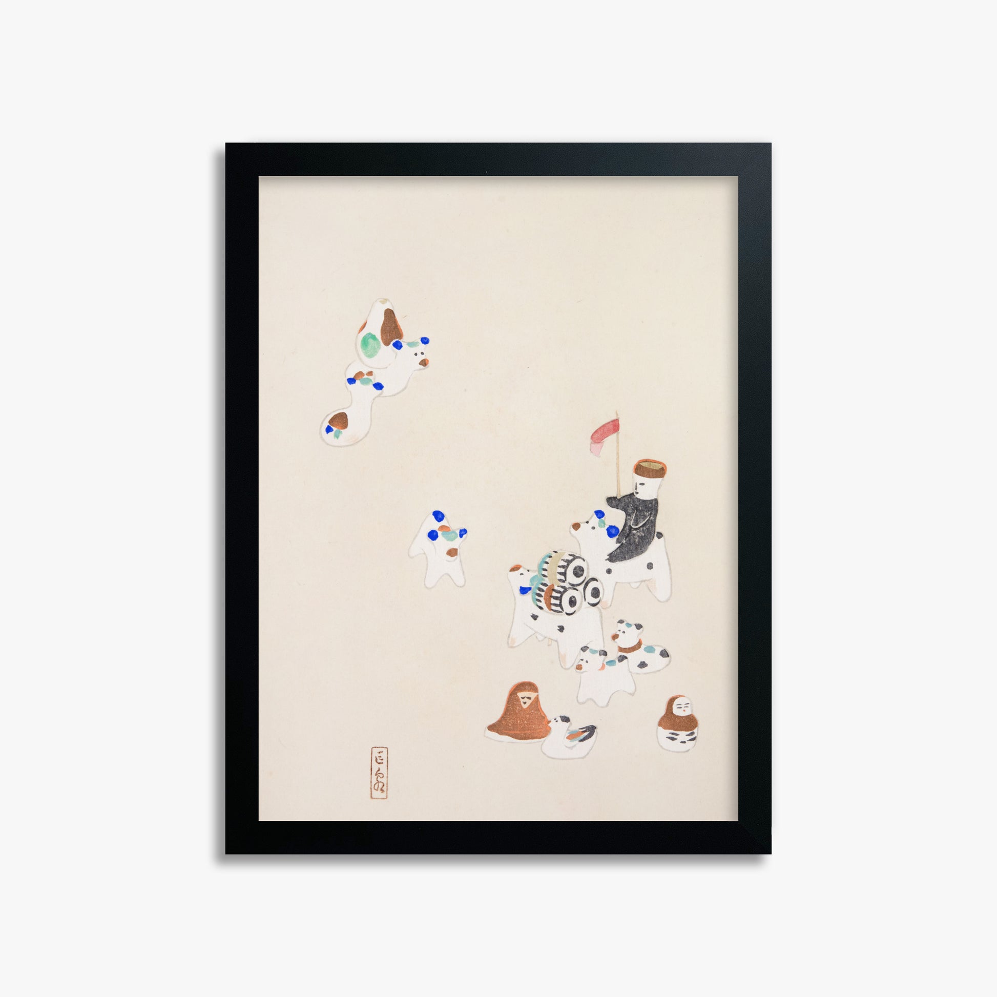 Kawasaki Kyosen: Kyosen’s Collected Illustrations of Japanese Toys Nr. 46 ("Whimsical Parade"), 30x40cm Framed Art Reproduction With Black Frame