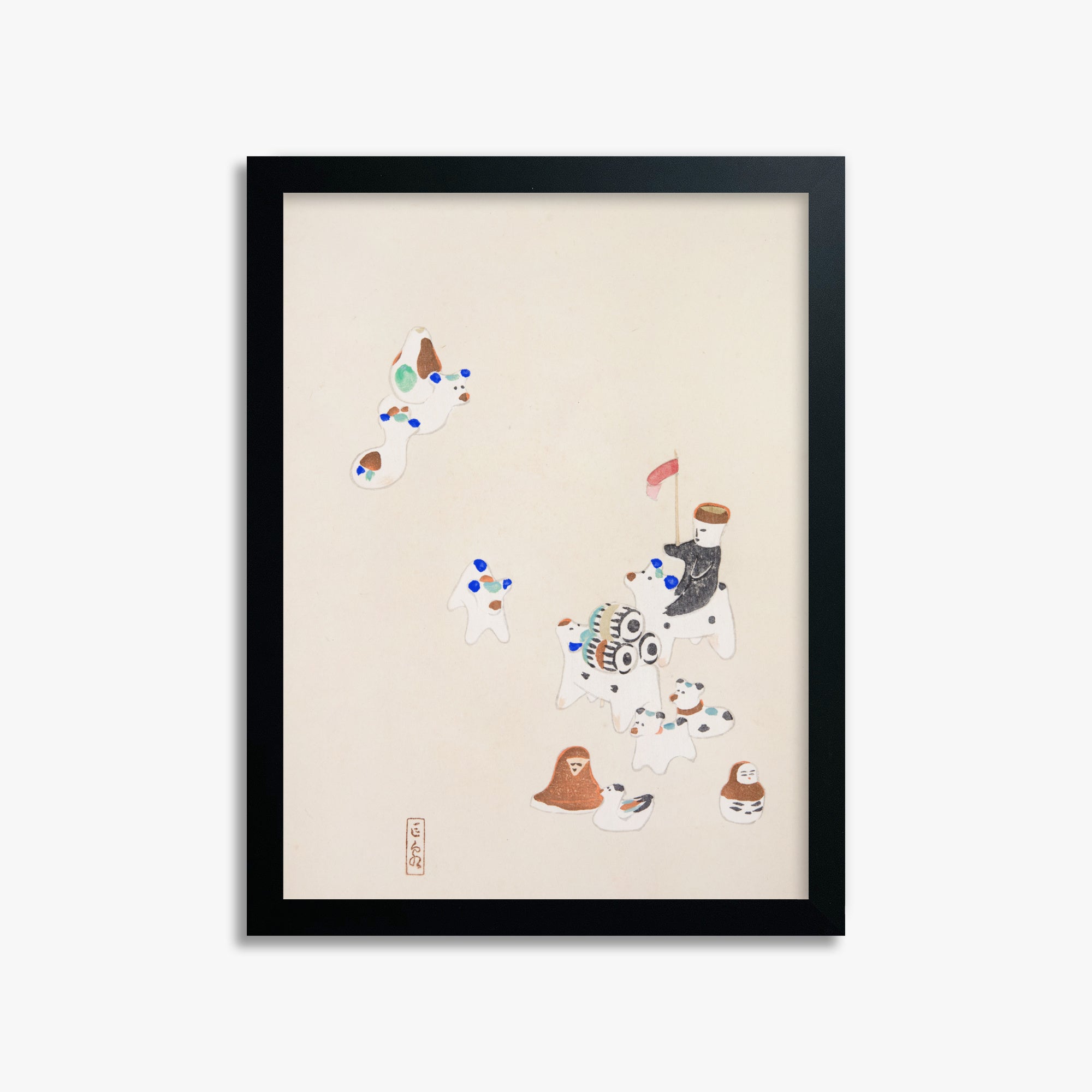 Kawasaki Kyosen: Kyosen’s Collected Illustrations of Japanese Toys Nr. 46 ("Whimsical Parade"), 30x40cm Framed Art Reproduction With Black Frame