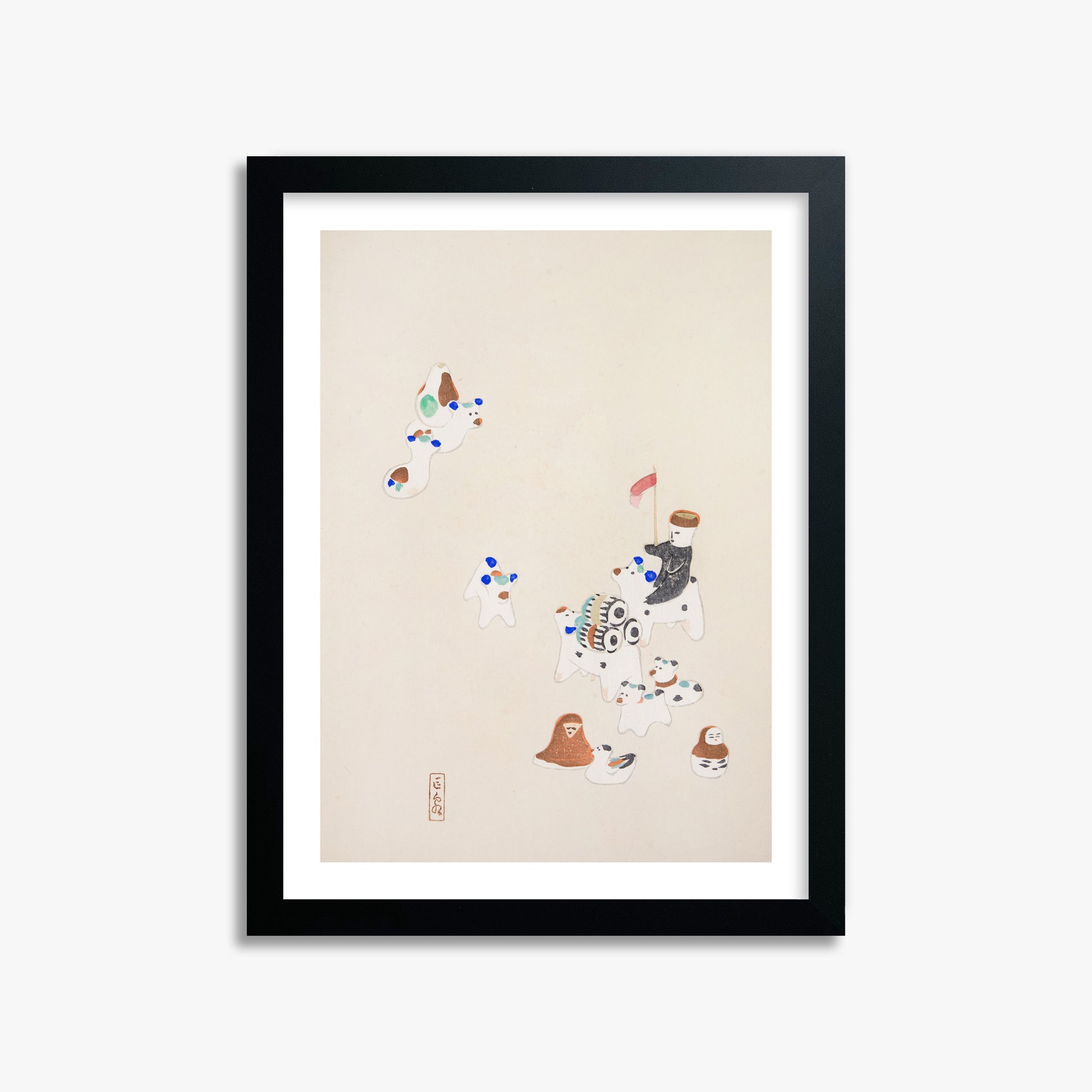 Kawasaki Kyosen: Kyosen’s Collected Illustrations of Japanese Toys Nr. 46 ("Whimsical Parade"), 30x40cm Framed Art Reproduction With Black Frame