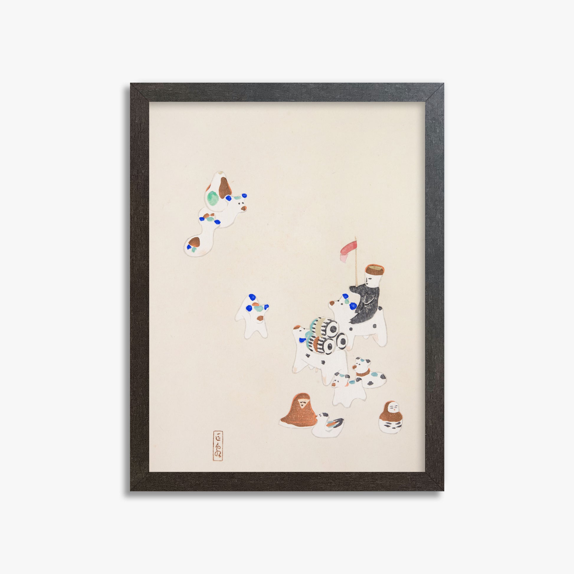 Kawasaki Kyosen: Kyosen’s Collected Illustrations of Japanese Toys Nr. 46 ("Whimsical Parade"), 30x40cm Framed Art Reproduction With Espresso Frame
