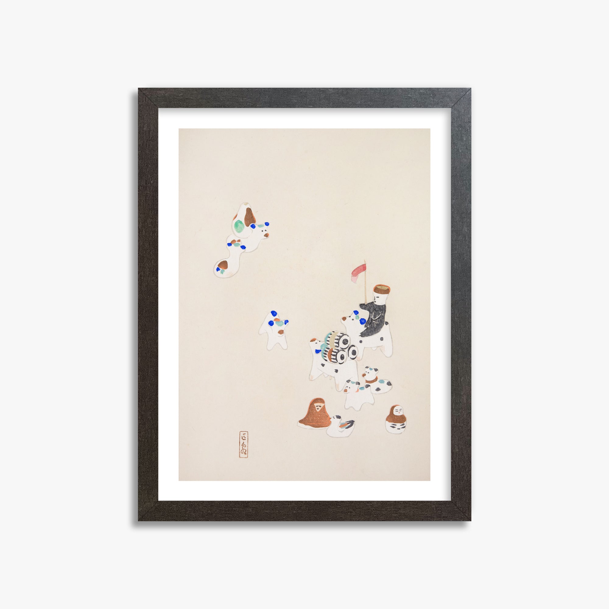 Kawasaki Kyosen: Kyosen’s Collected Illustrations of Japanese Toys Nr. 46 ("Whimsical Parade"), 30x40cm Framed Art Reproduction With Espresso Frame