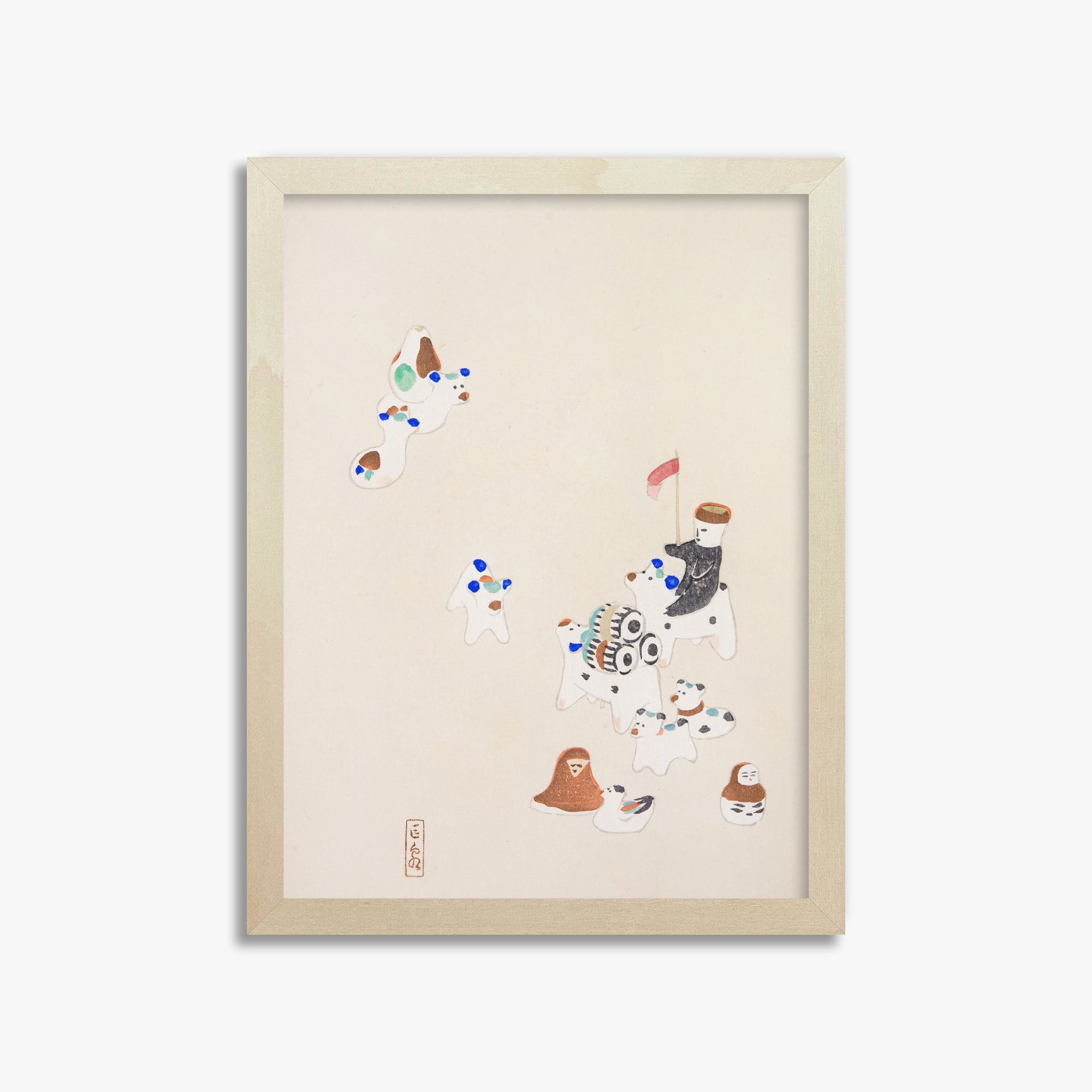 Kawasaki Kyosen: Kyosen’s Collected Illustrations of Japanese Toys Nr. 46 ("Whimsical Parade"), 30x40cm Framed Art Reproduction With Lime Wood Frame
