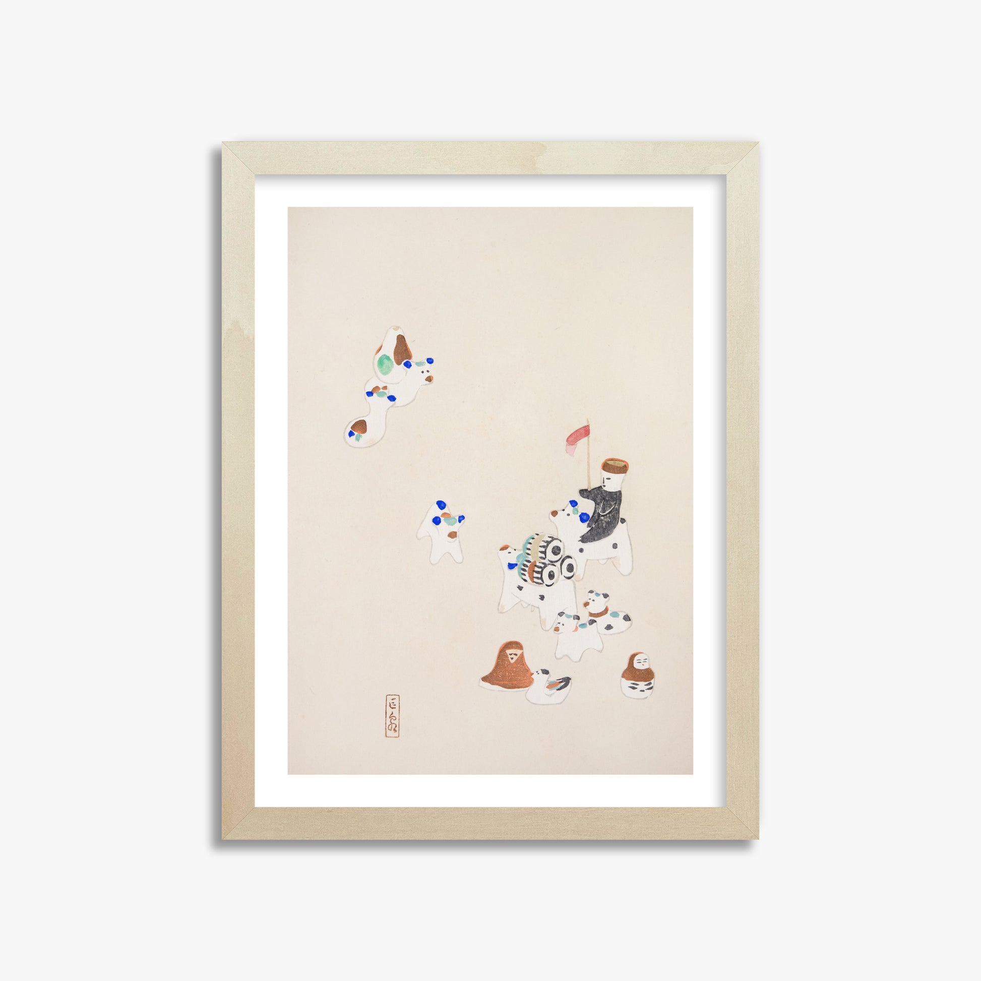 Kawasaki Kyosen: Kyosen’s Collected Illustrations of Japanese Toys Nr. 46 ("Whimsical Parade"), 30x40cm Framed Art Reproduction With Lime Wood Frame