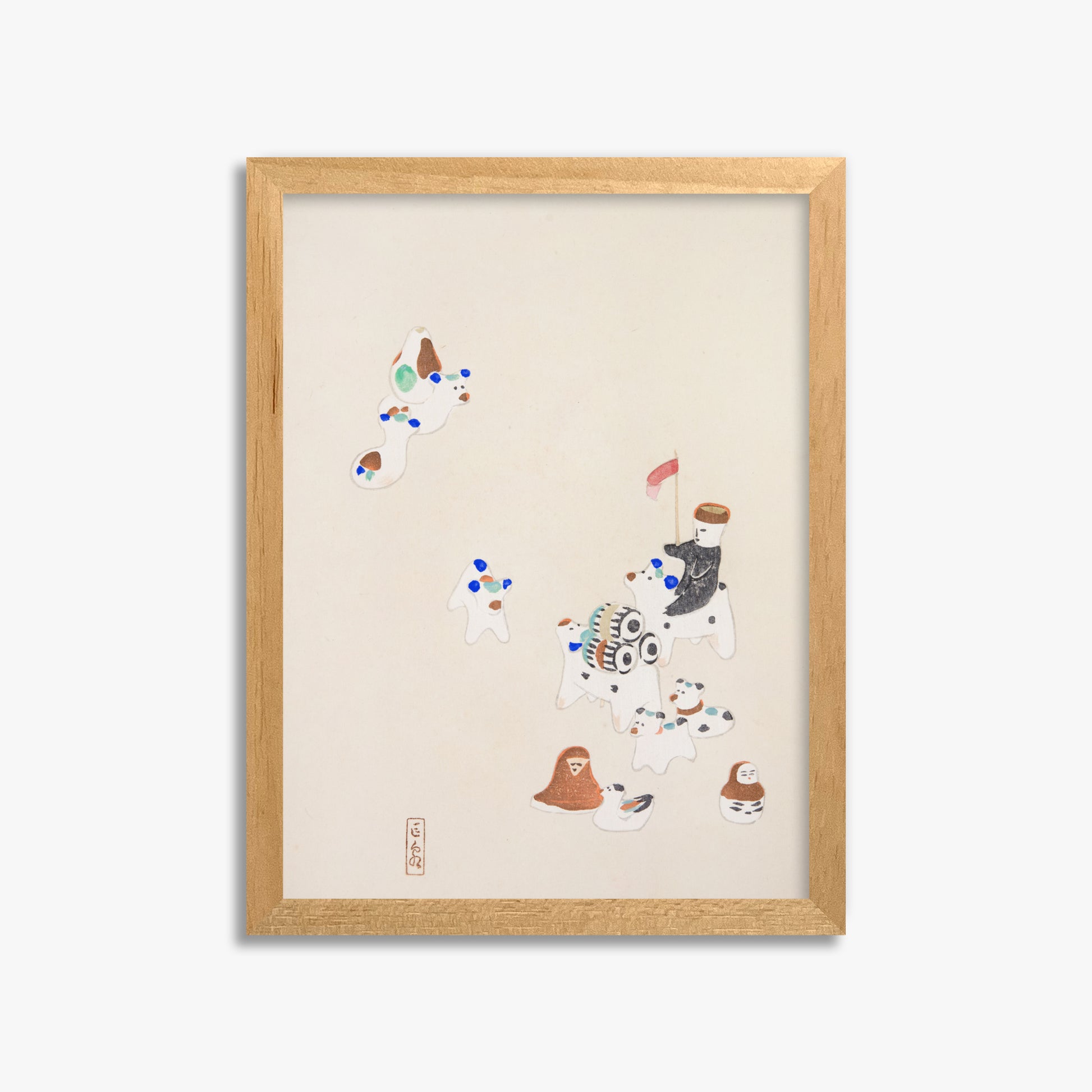 Kawasaki Kyosen: Kyosen’s Collected Illustrations of Japanese Toys Nr. 46 ("Whimsical Parade"), 30x40cm Framed Art Reproduction With Oak Frame