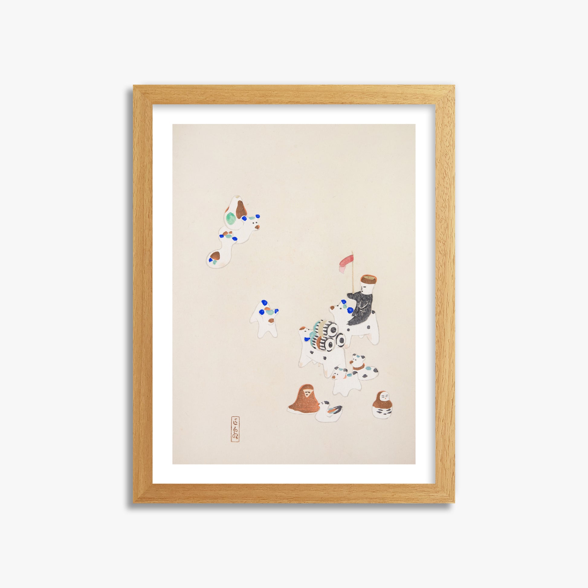 Kawasaki Kyosen: Kyosen’s Collected Illustrations of Japanese Toys Nr. 46 ("Whimsical Parade"), 30x40cm Framed Art Reproduction With Oak Frame