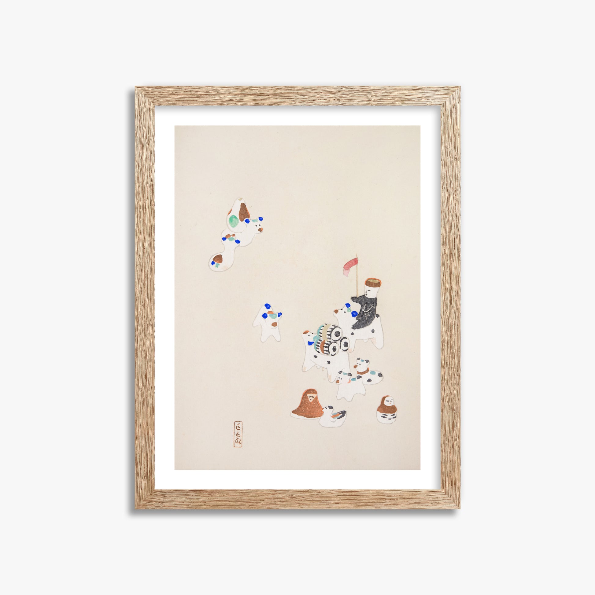 Kawasaki Kyosen: Kyosen’s Collected Illustrations of Japanese Toys Nr. 46 ("Whimsical Parade"), 30x40cm Framed Art Reproduction With Raw Oak Frame