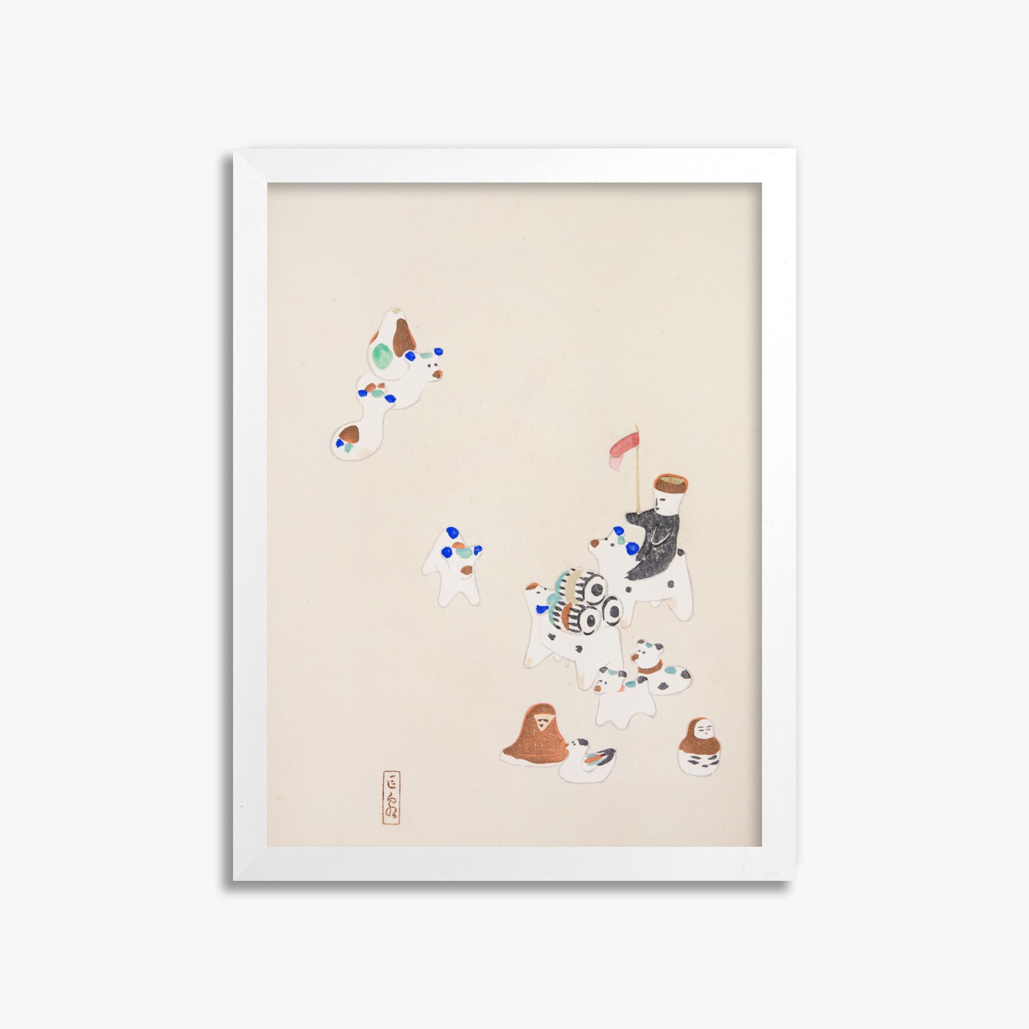 Kawasaki Kyosen: Kyosen’s Collected Illustrations of Japanese Toys Nr. 46 ("Whimsical Parade"), 30x40cm Framed Art Reproduction With White Frame