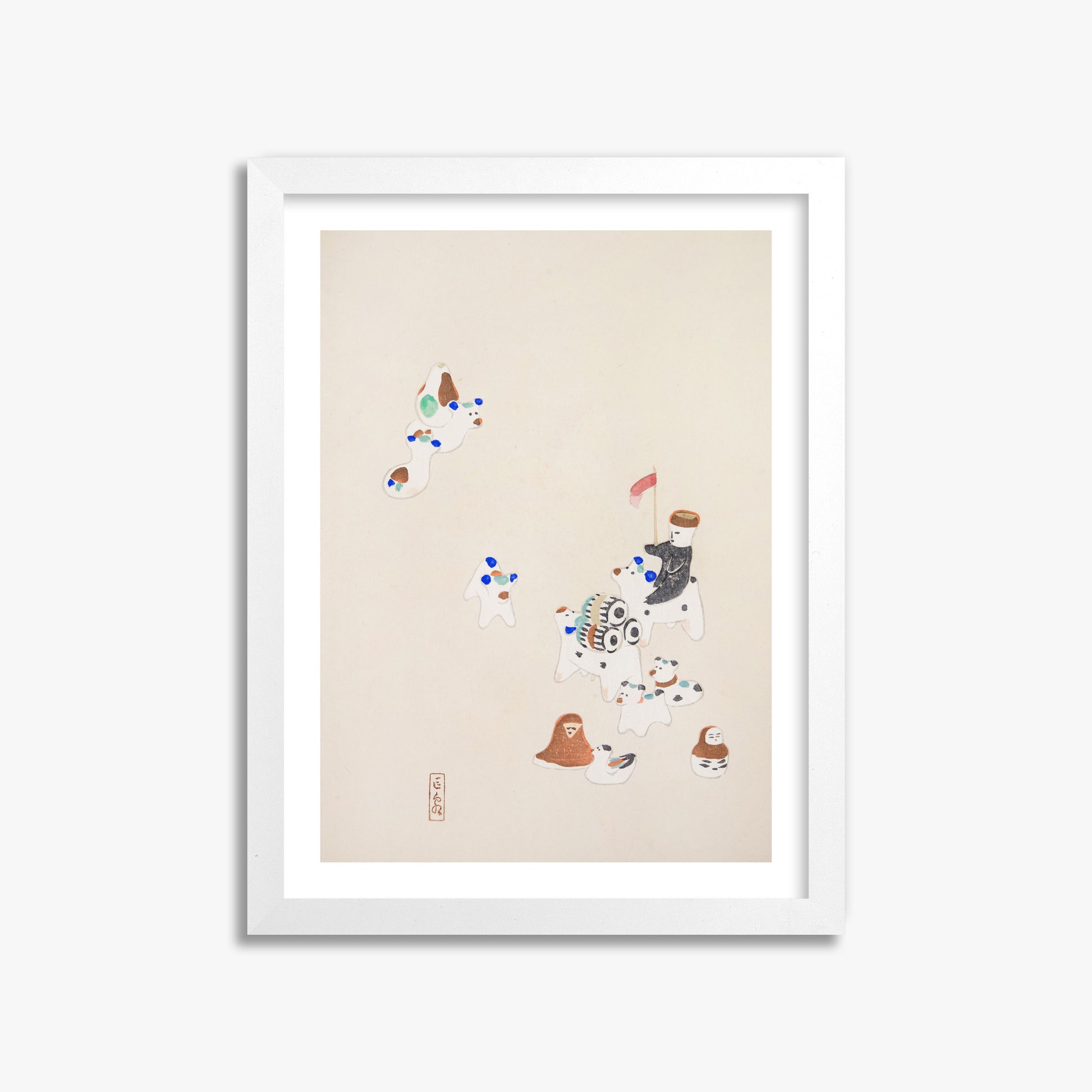 Kawasaki Kyosen: Kyosen’s Collected Illustrations of Japanese Toys Nr. 46 ("Whimsical Parade"), 30x40cm Framed Art Reproduction With White Frame