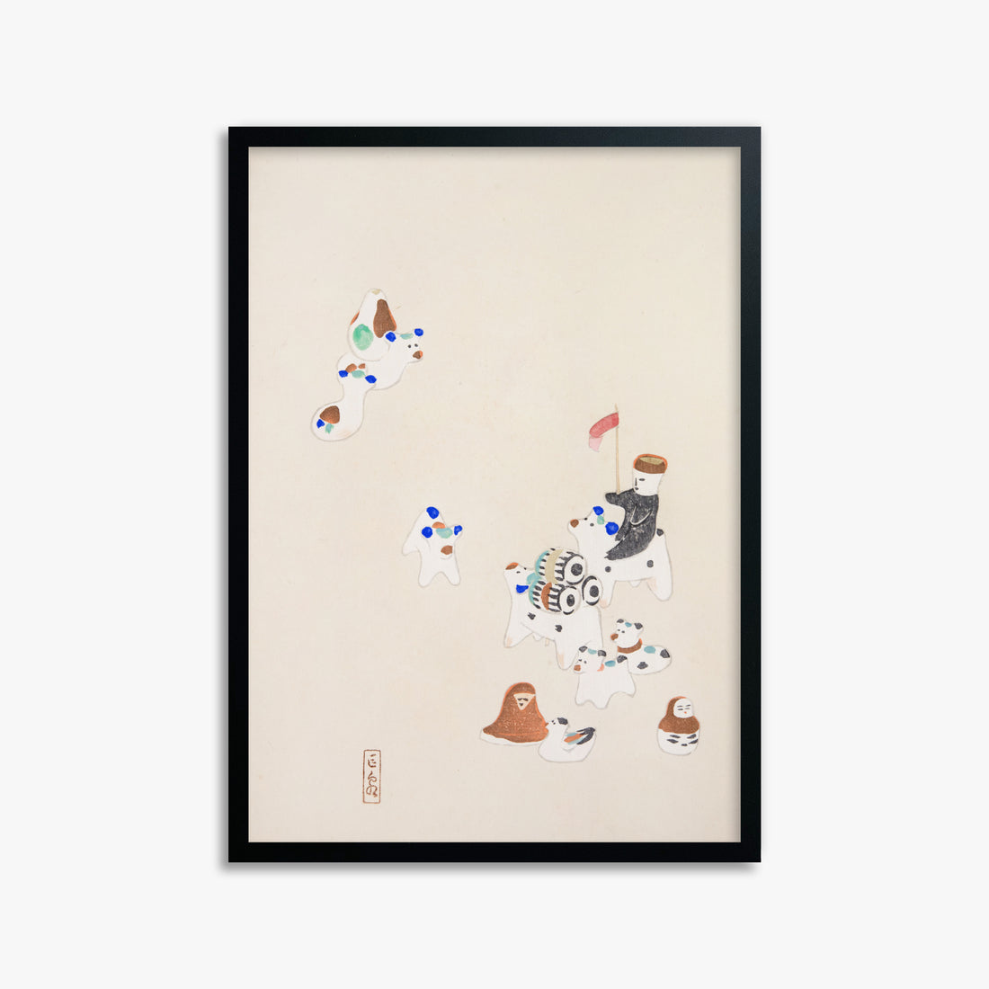 Kawasaki Kyosen: Kyosen’s Collected Illustrations of Japanese Toys Nr. 46 ("Whimsical Parade"), 50x70cm Framed Art Reproduction With Black Frame