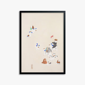 Kawasaki Kyosen: Kyosen’s Collected Illustrations of Japanese Toys Nr. 46 ("Whimsical Parade"), 50x70cm Framed Art Reproduction With Black Frame