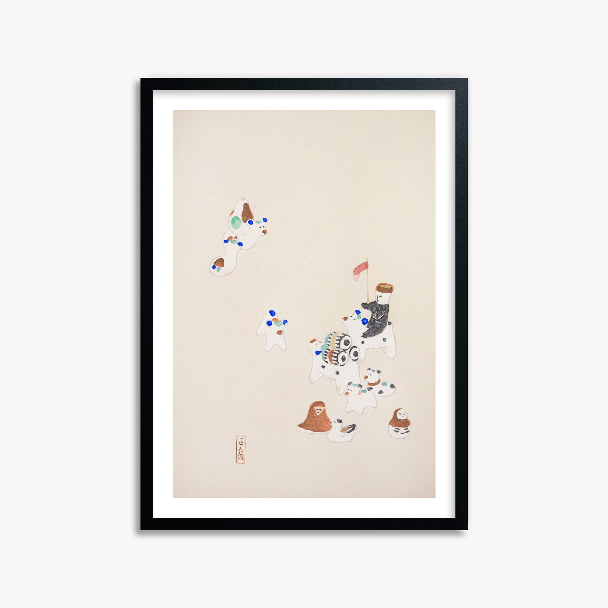 Kawasaki Kyosen: Kyosen’s Collected Illustrations of Japanese Toys Nr. 46 ("Whimsical Parade"), 50x70cm Framed Art Reproduction With Black Frame