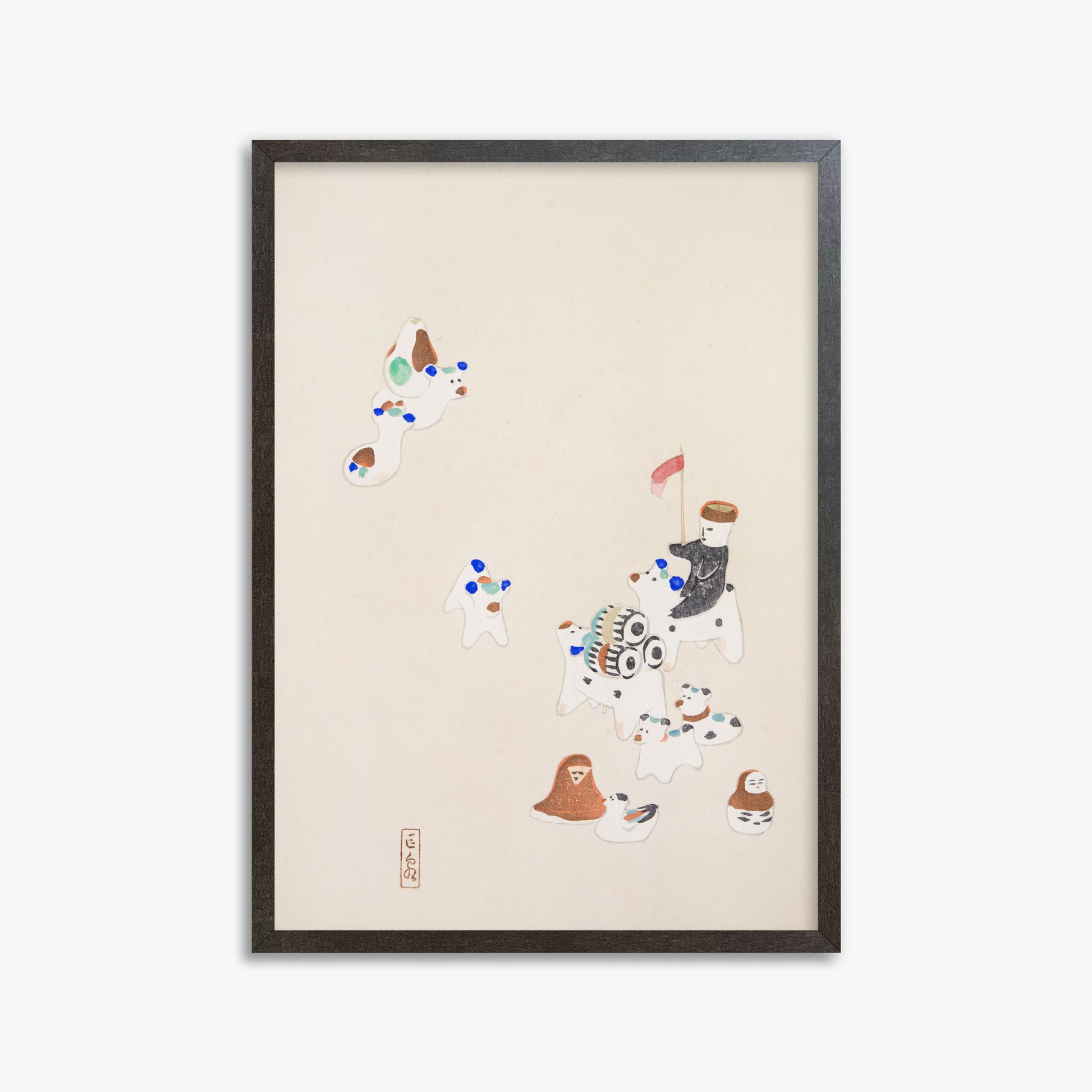 Kawasaki Kyosen: Kyosen’s Collected Illustrations of Japanese Toys Nr. 46 ("Whimsical Parade"), 50x70cm Framed Art Reproduction With Espresso Frame