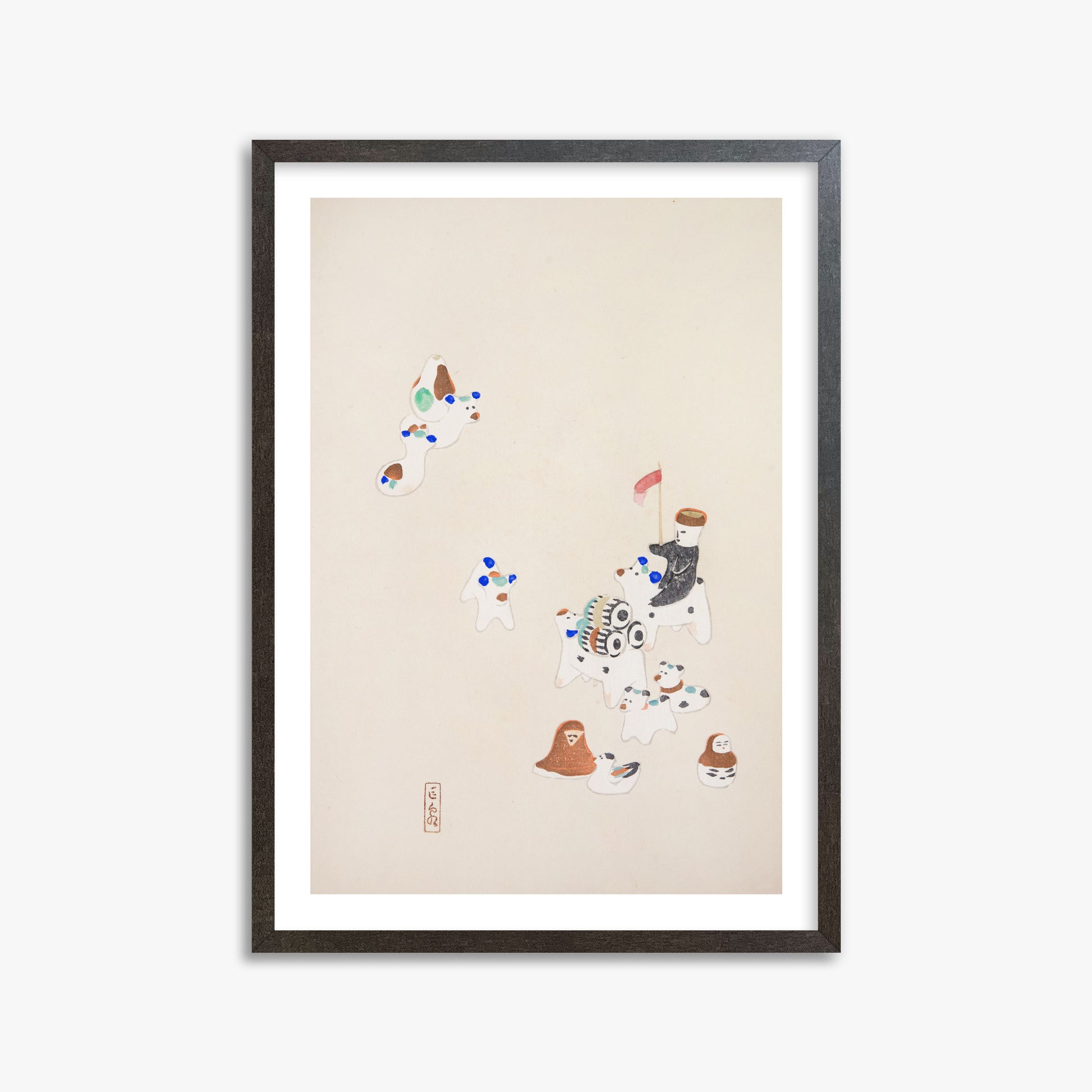 Kawasaki Kyosen: Kyosen’s Collected Illustrations of Japanese Toys Nr. 46 ("Whimsical Parade"), 50x70cm Framed Art Reproduction With Espresso Frame