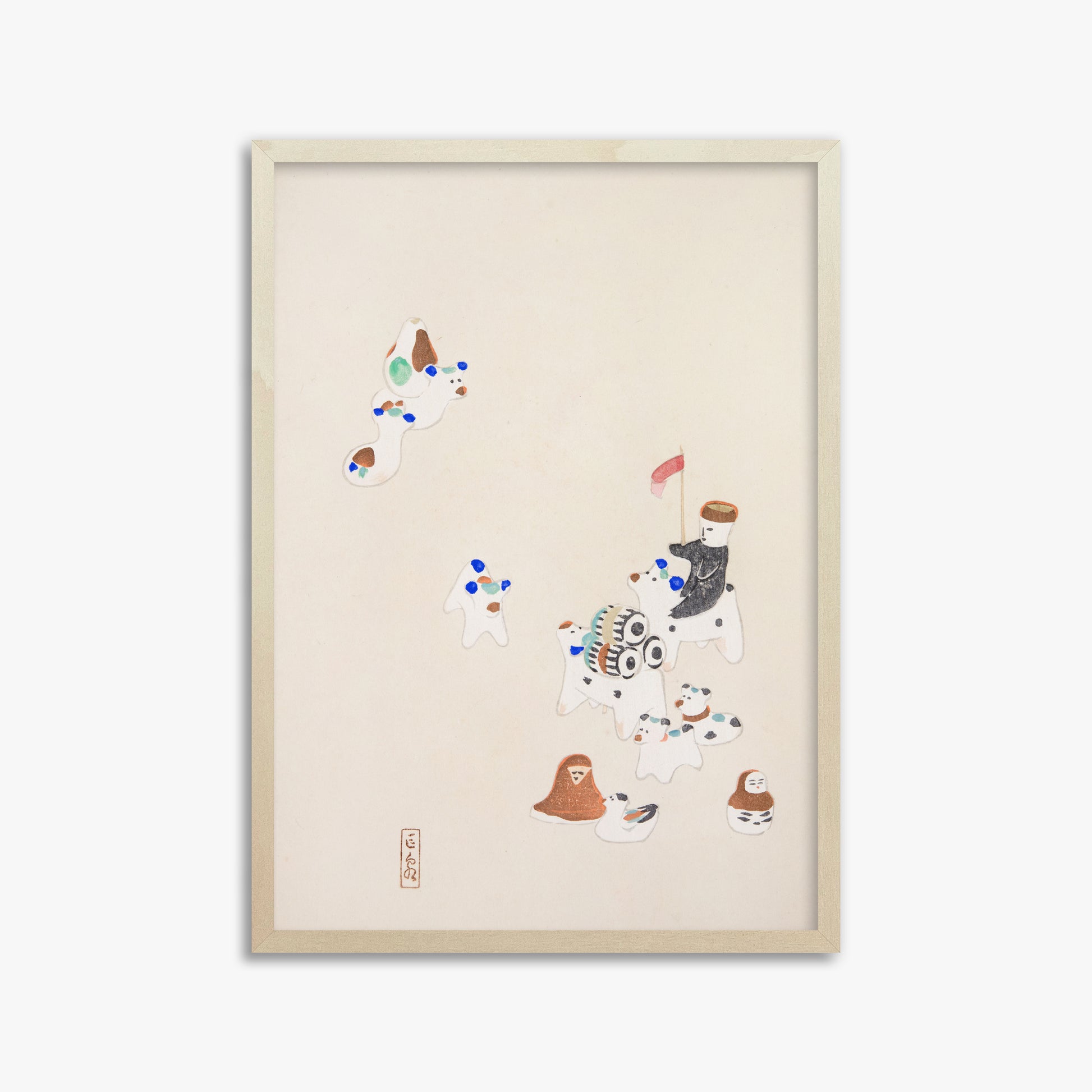 Kawasaki Kyosen: Kyosen’s Collected Illustrations of Japanese Toys Nr. 46 ("Whimsical Parade"), 50x70cm Framed Art Reproduction With Lime Wood Frame