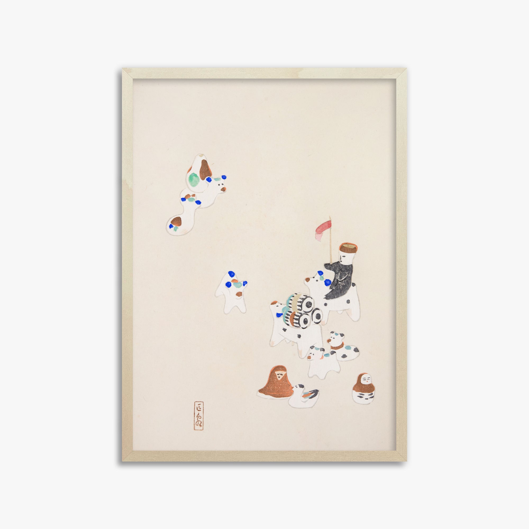 Kawasaki Kyosen: Kyosen’s Collected Illustrations of Japanese Toys Nr. 46 ("Whimsical Parade"), 50x70cm Framed Art Reproduction With Lime Wood Frame