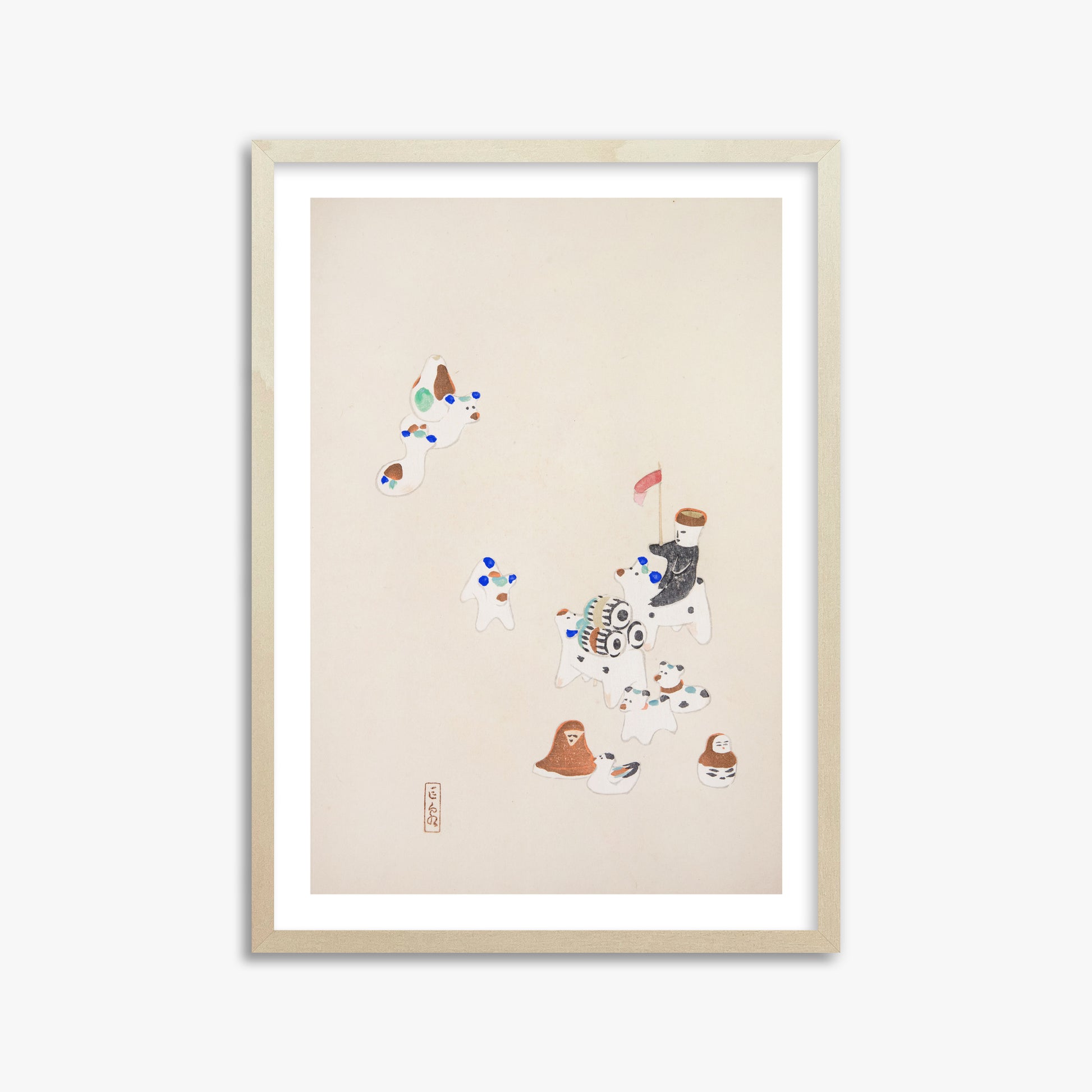 Kawasaki Kyosen: Kyosen’s Collected Illustrations of Japanese Toys Nr. 46 ("Whimsical Parade"), 50x70cm Framed Art Reproduction With Lime Wood Frame