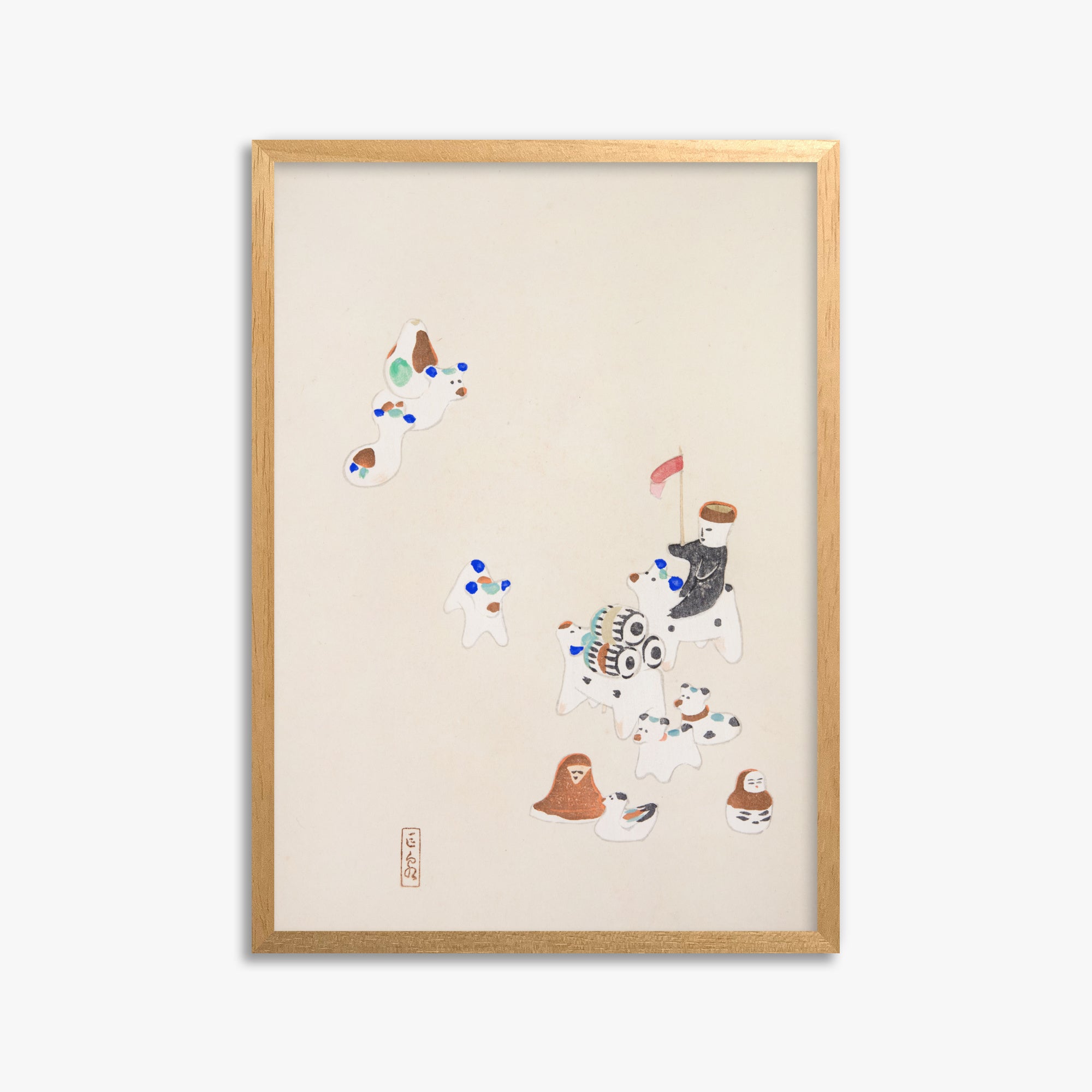 Kawasaki Kyosen: Kyosen’s Collected Illustrations of Japanese Toys Nr. 46 ("Whimsical Parade"), 50x70cm Framed Art Reproduction With Oak Frame