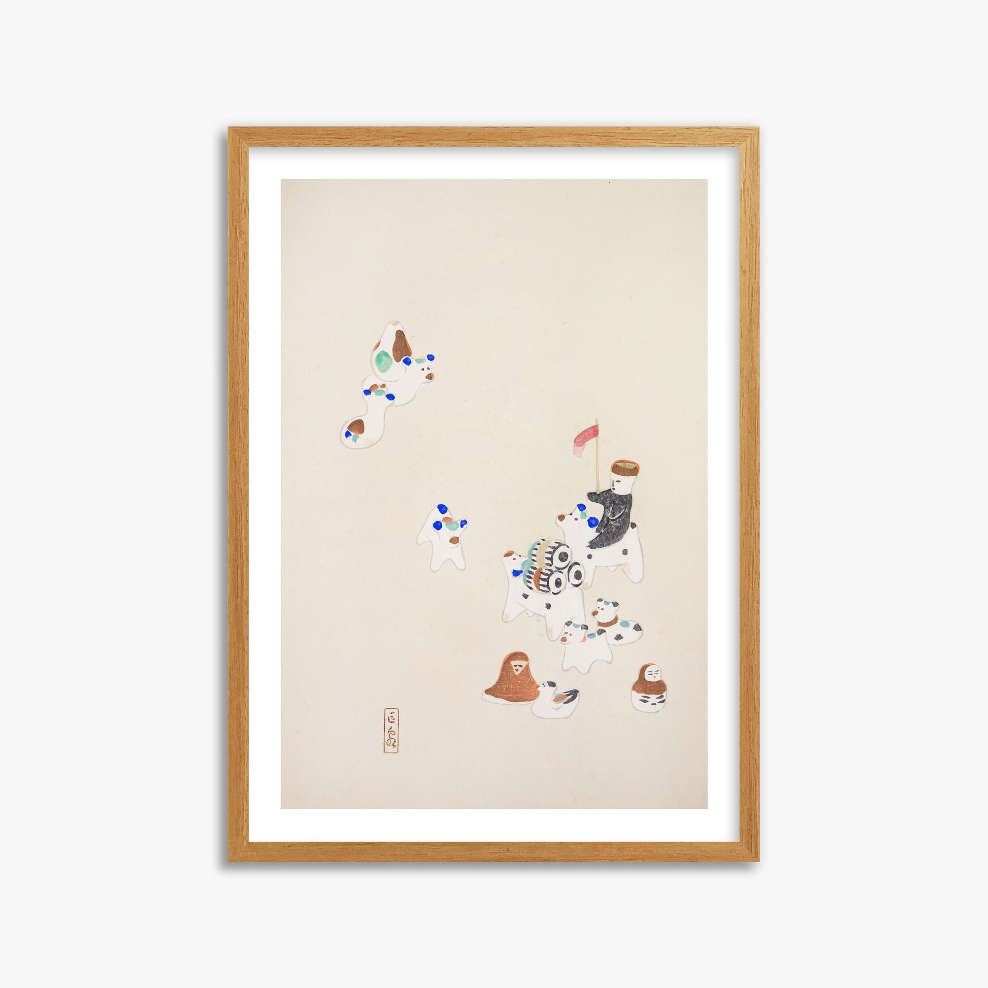 Kawasaki Kyosen: Kyosen’s Collected Illustrations of Japanese Toys Nr. 46 ("Whimsical Parade"), 50x70cm Framed Art Reproduction With Oak Frame