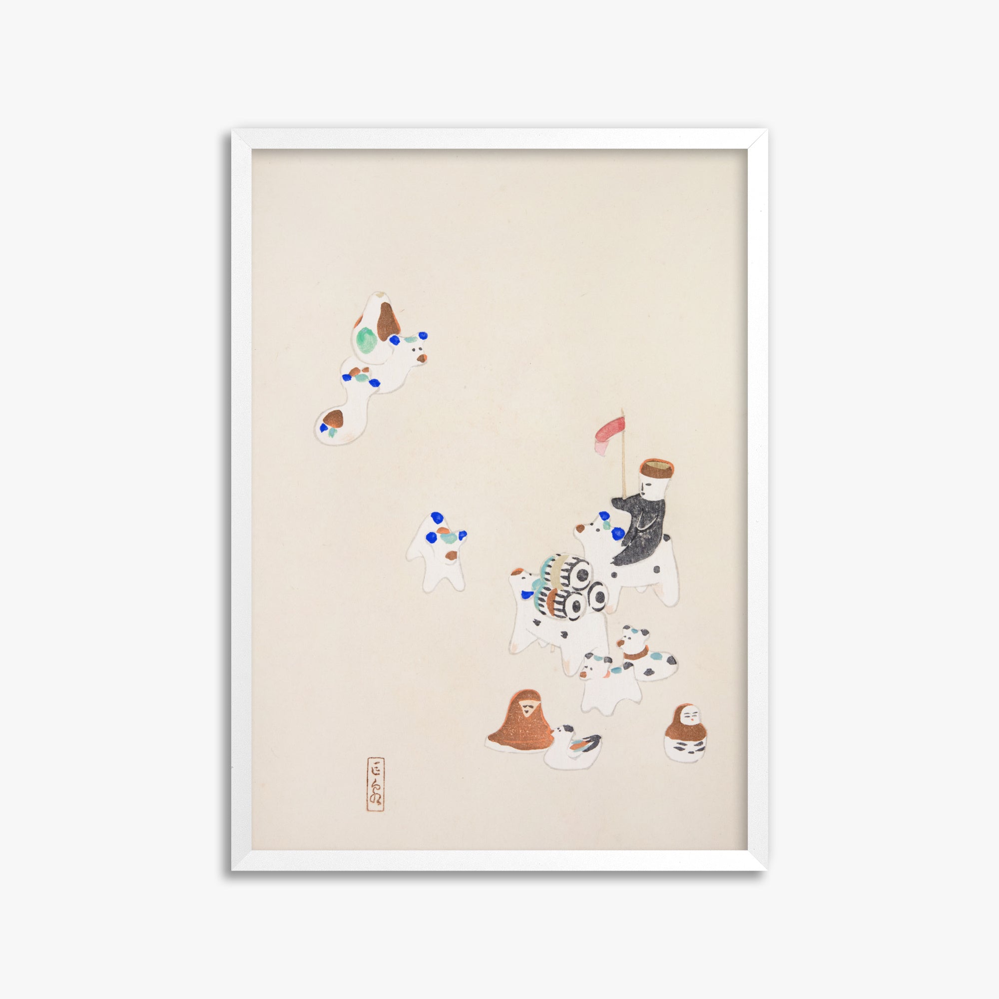 Kawasaki Kyosen: Kyosen’s Collected Illustrations of Japanese Toys Nr. 46 ("Whimsical Parade"), 50x70cm Framed Art Reproduction With White Frame