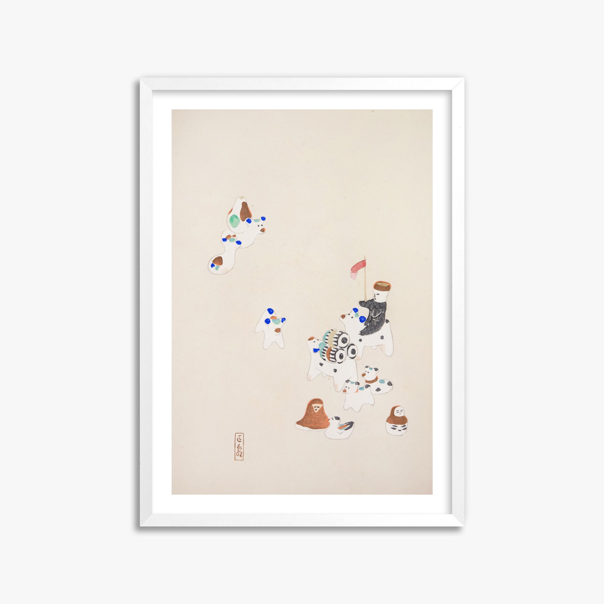 Kawasaki Kyosen: Kyosen’s Collected Illustrations of Japanese Toys Nr. 46 ("Whimsical Parade"), 50x70cm Framed Art Reproduction With White Frame