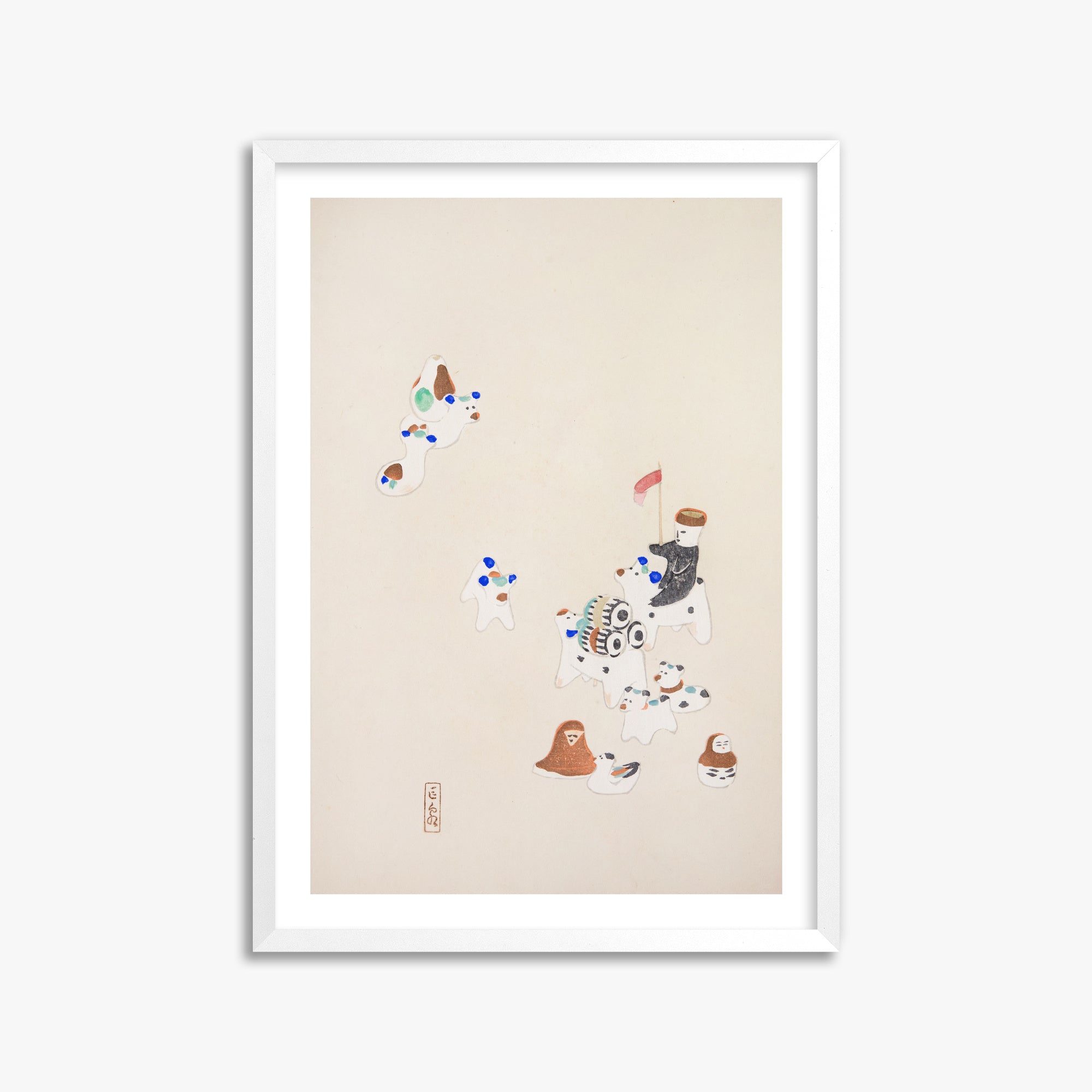 Kawasaki Kyosen: Kyosen’s Collected Illustrations of Japanese Toys Nr. 46 ("Whimsical Parade"), 50x70cm Framed Art Reproduction With White Frame