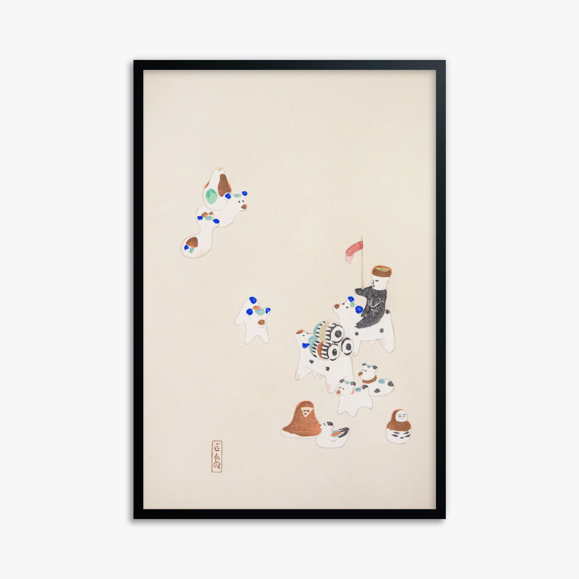 Kawasaki Kyosen: Kyosen’s Collected Illustrations of Japanese Toys Nr. 46 ("Whimsical Parade"), 61x91cm Framed Art Reproduction With Black Frame