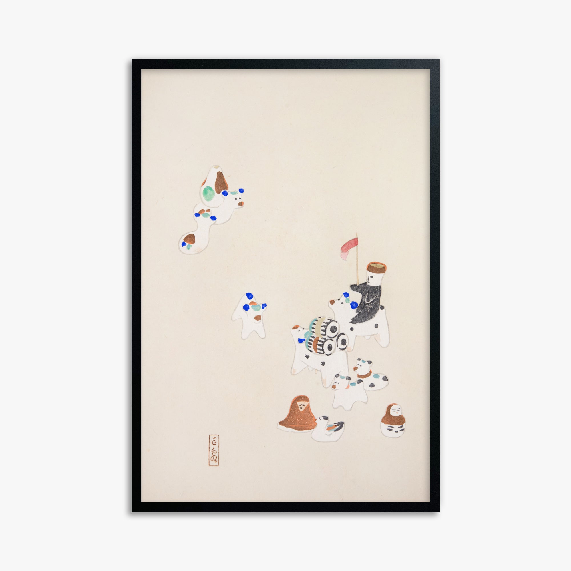 Kawasaki Kyosen: Kyosen’s Collected Illustrations of Japanese Toys Nr. 46 ("Whimsical Parade"), 61x91cm Framed Art Reproduction With Black Frame
