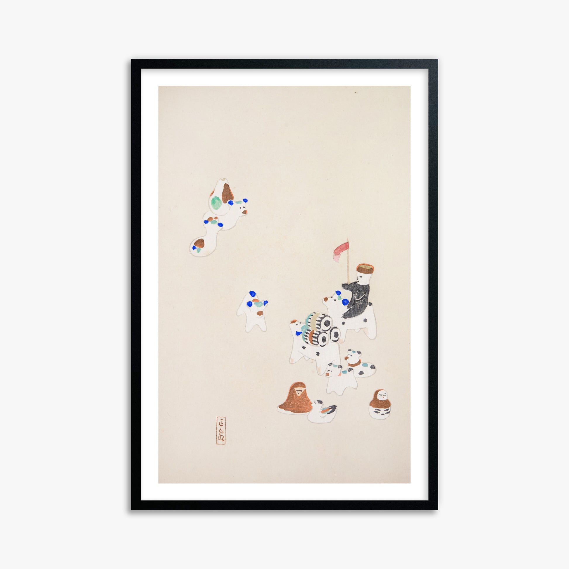Kawasaki Kyosen: Kyosen’s Collected Illustrations of Japanese Toys Nr. 46 ("Whimsical Parade"), 61x91cm Framed Art Reproduction With Black Frame
