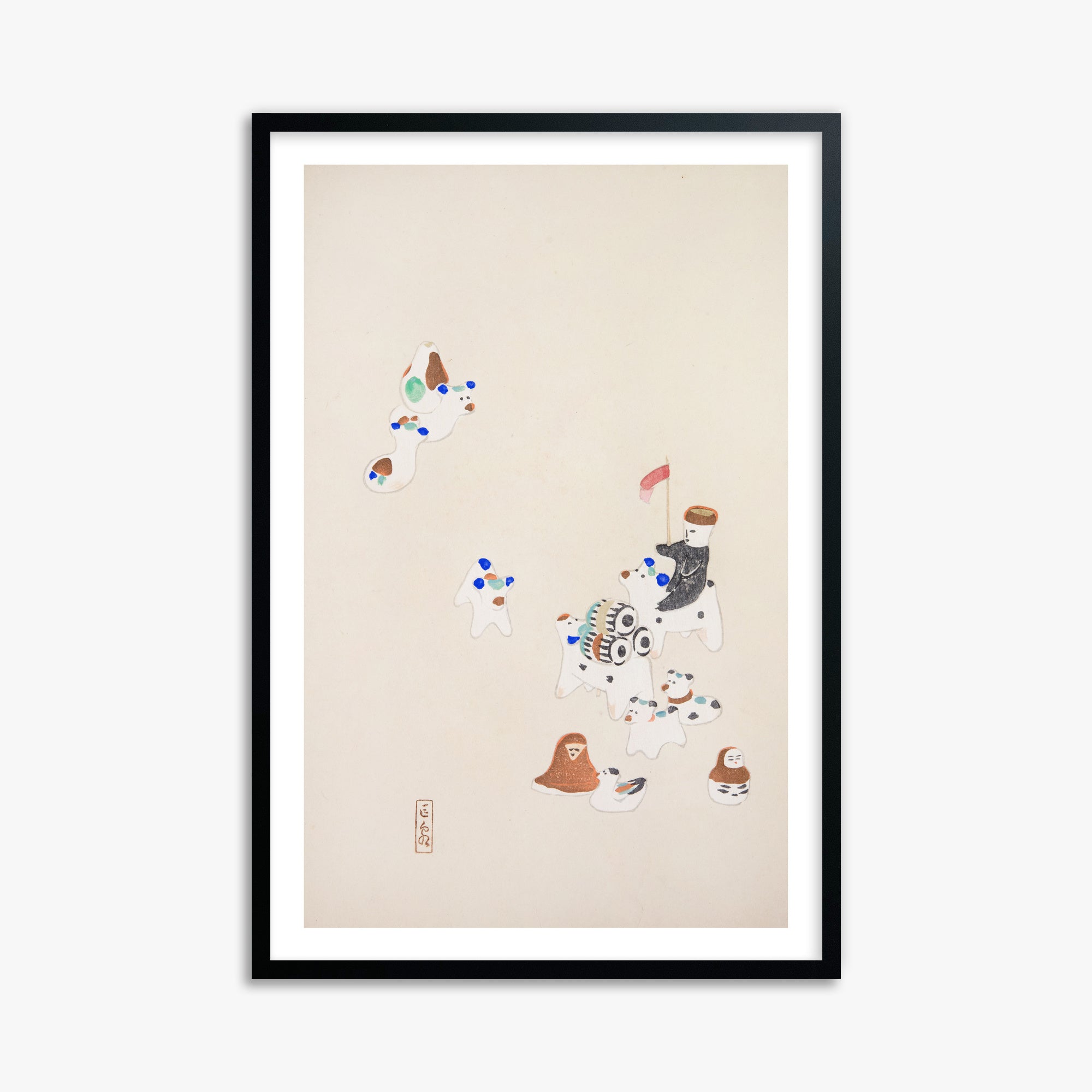 Kawasaki Kyosen: Kyosen’s Collected Illustrations of Japanese Toys Nr. 46 ("Whimsical Parade"), 61x91cm Framed Art Reproduction With Black Frame