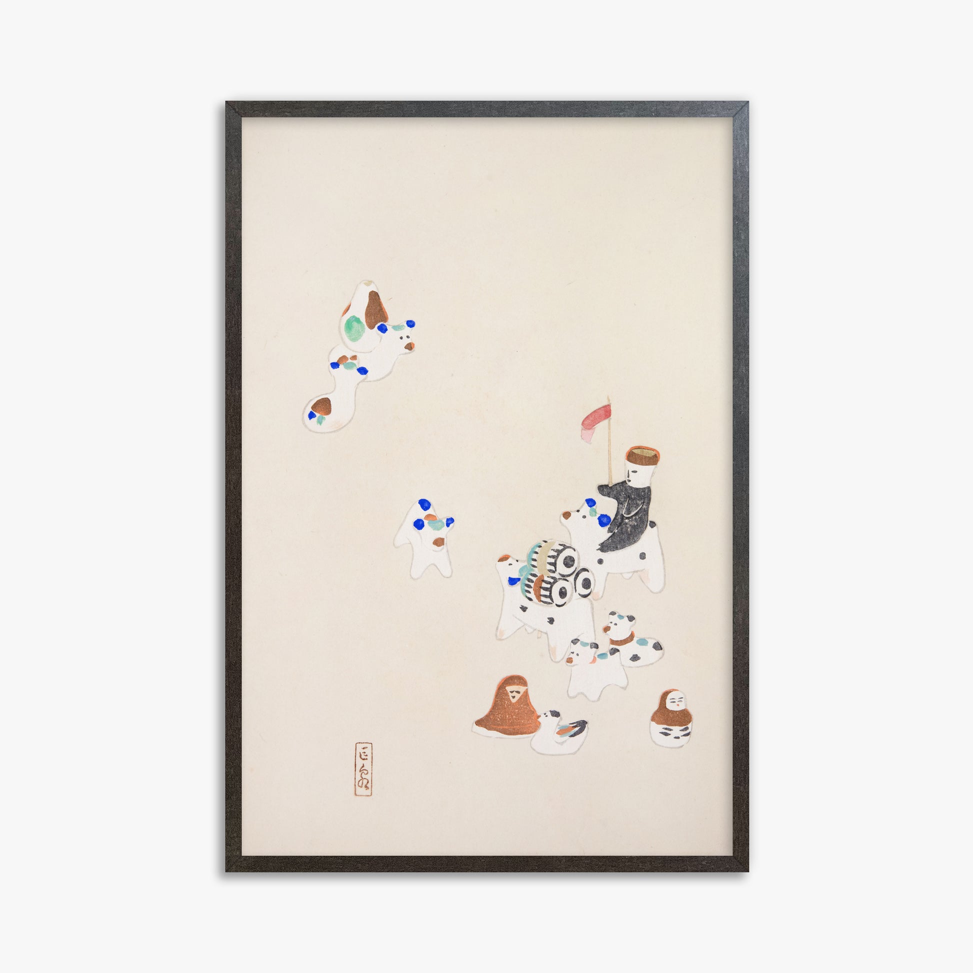 Kawasaki Kyosen: Kyosen’s Collected Illustrations of Japanese Toys Nr. 46 ("Whimsical Parade"), 61x91cm Framed Art Reproduction With Espresso Frame
