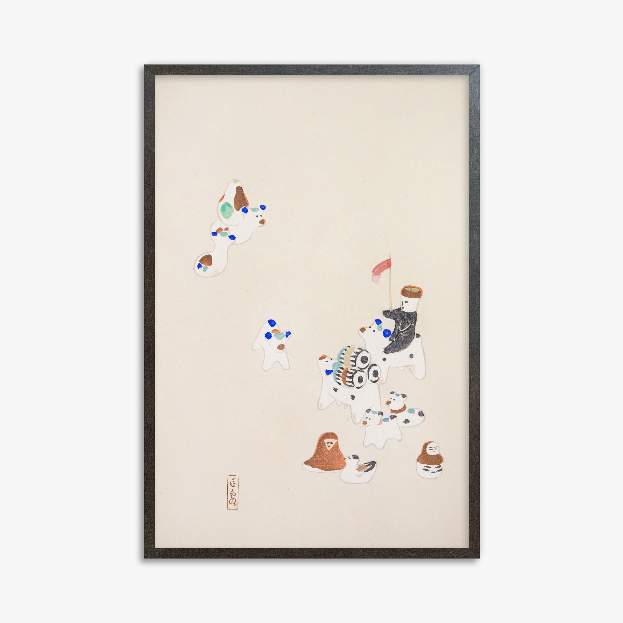 Kawasaki Kyosen: Kyosen’s Collected Illustrations of Japanese Toys Nr. 46 ("Whimsical Parade"), 61x91cm Framed Art Reproduction With Espresso Frame