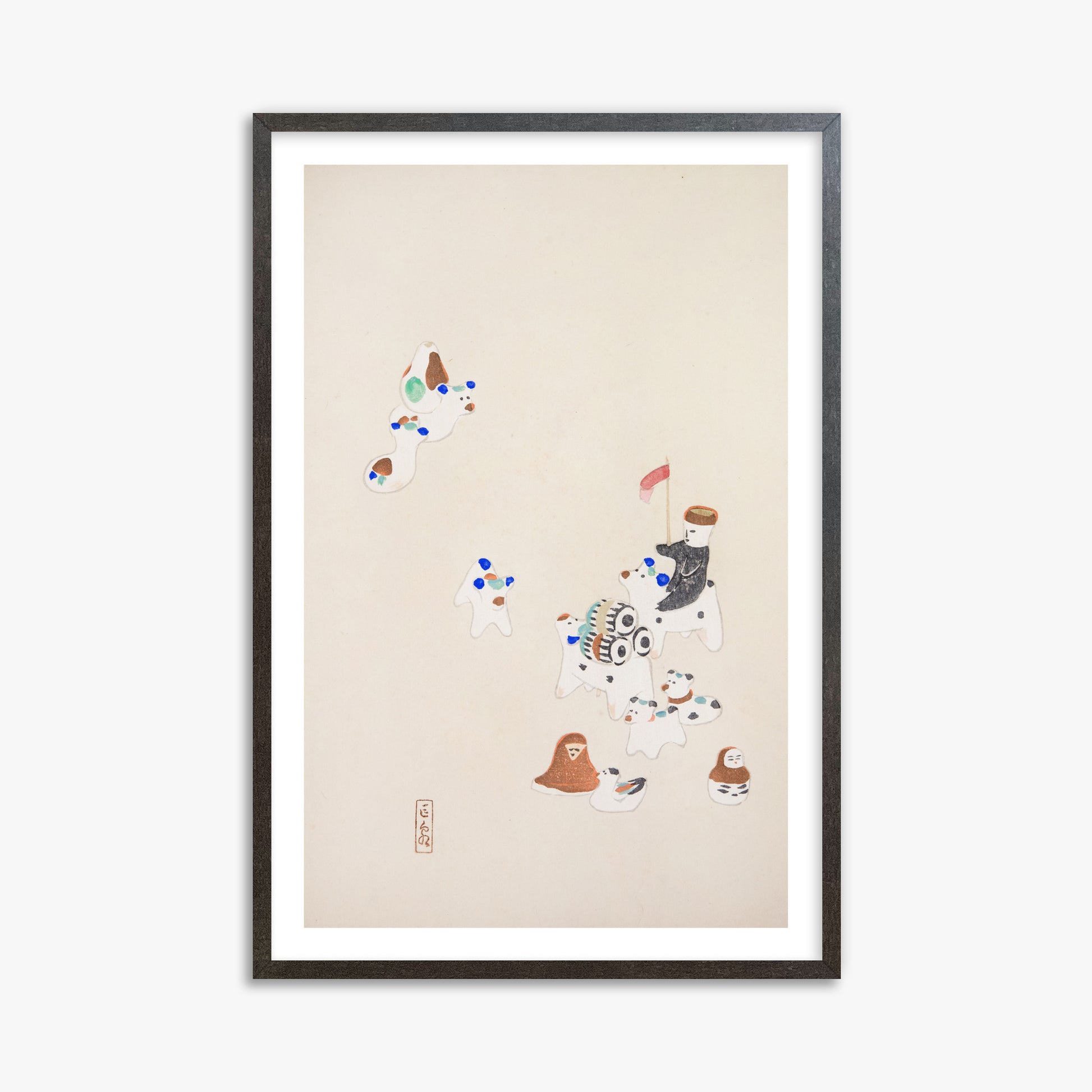 Kawasaki Kyosen: Kyosen’s Collected Illustrations of Japanese Toys Nr. 46 ("Whimsical Parade"), 61x91cm Framed Art Reproduction With Espresso Frame